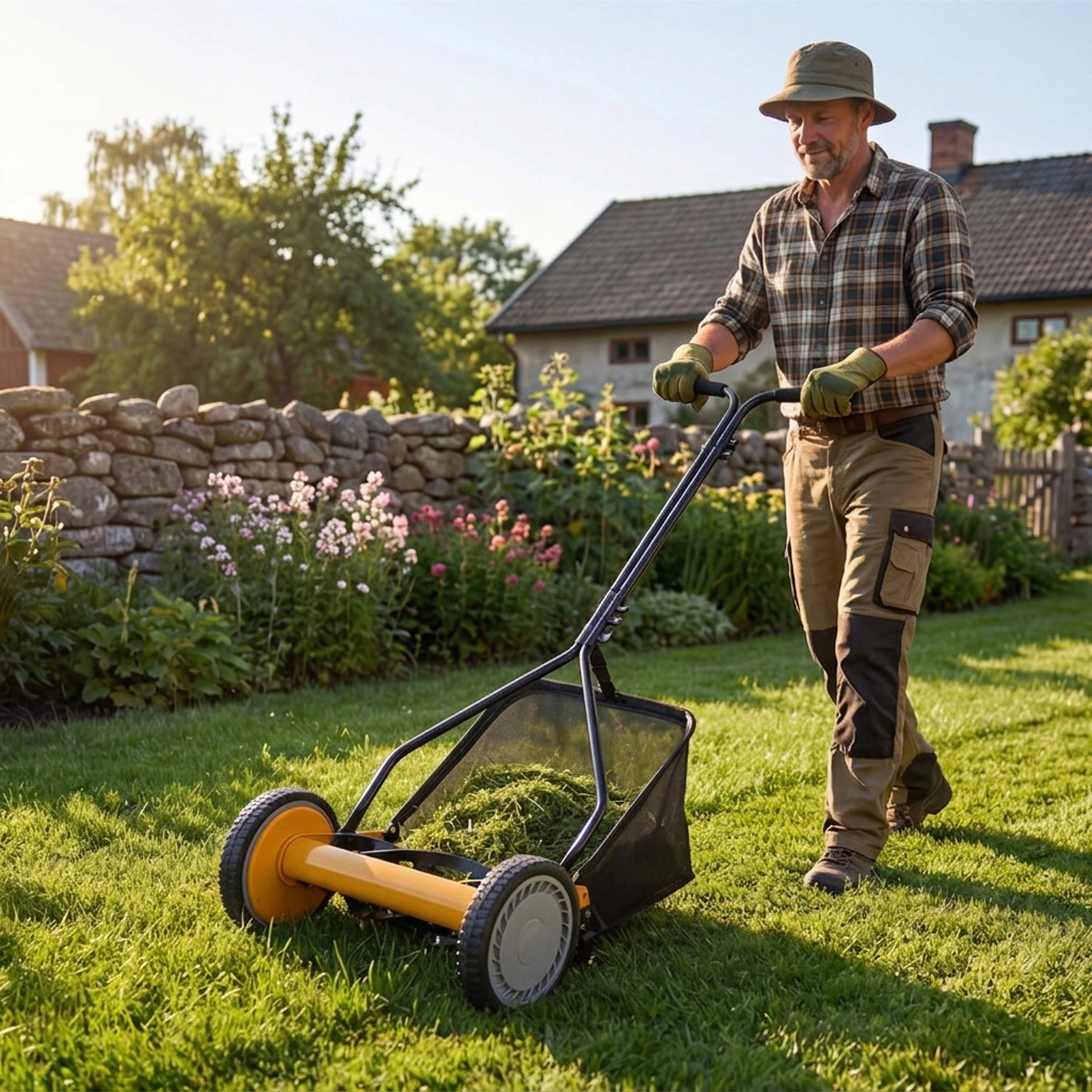 SUGIFT Manual Push Lawn Mower with 5 Steel Blades 14-in Cutting Width Grass Catcher Bag Orange