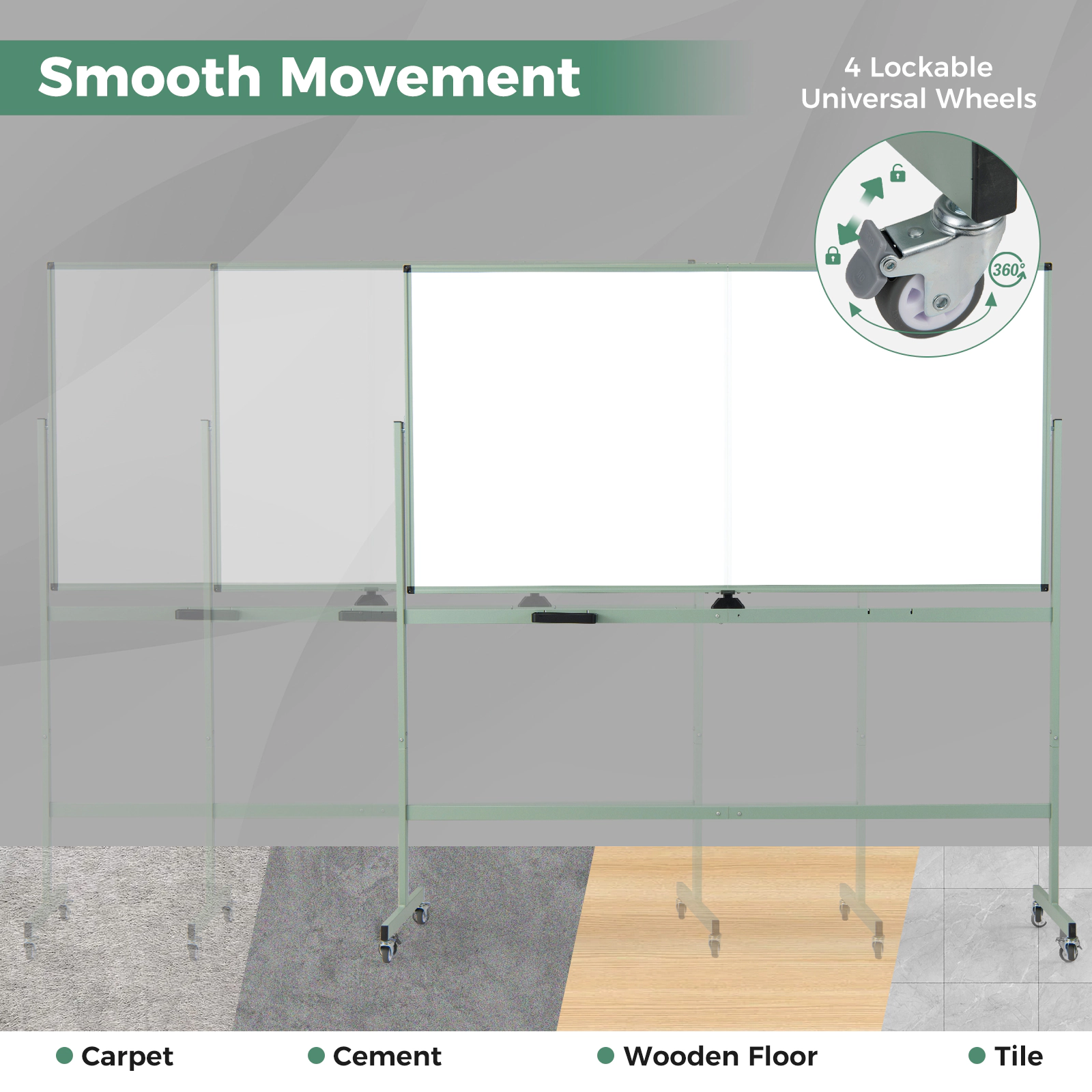 SUGIFT 72-in x 36-in Double-Sided Rolling Magnetic Whiteboard with Aluminum Alloy Frame and Lockable Casters