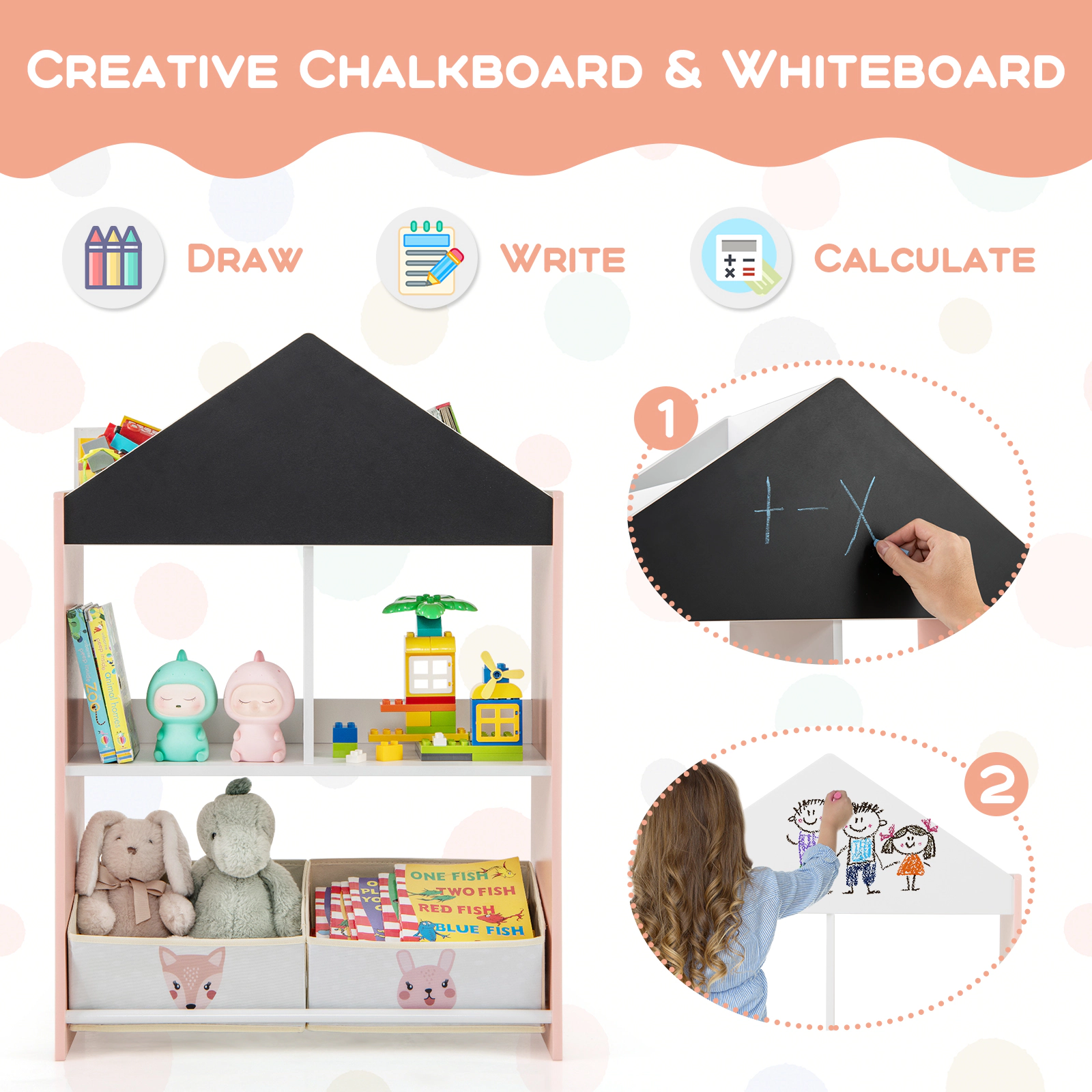 SUGIFT Playhouse Kids Bookshelf with Chalkboard and Whiteboard for 3-6 Years Pink