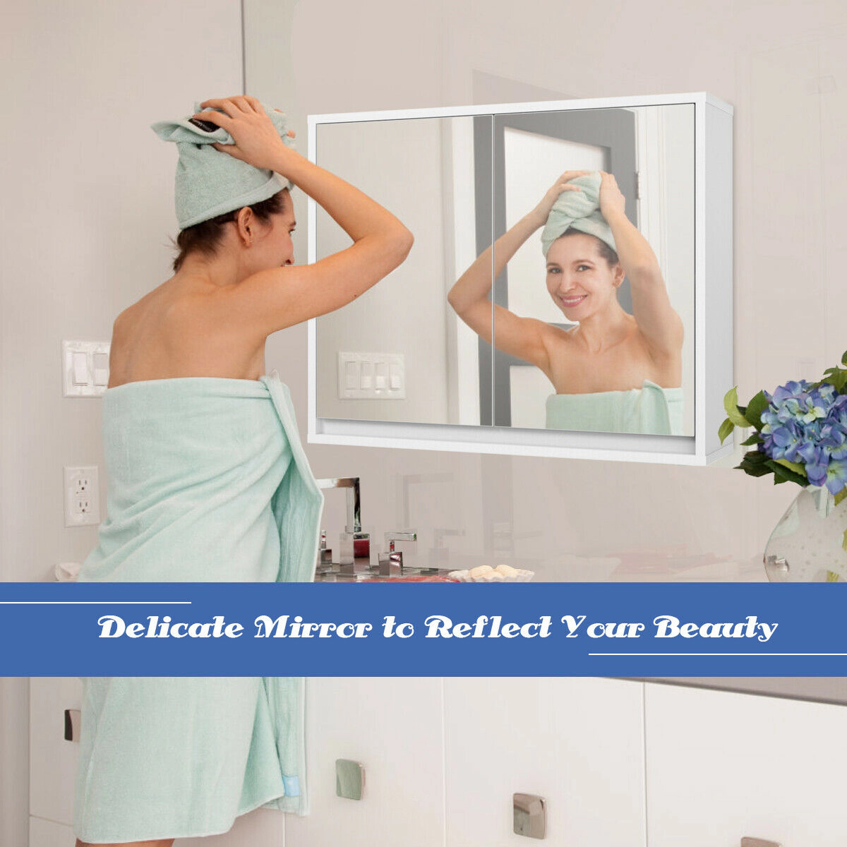 Slickblue Wall Mounted Bathroom Medicine Cabinet with Double Mirror Doors and Storage