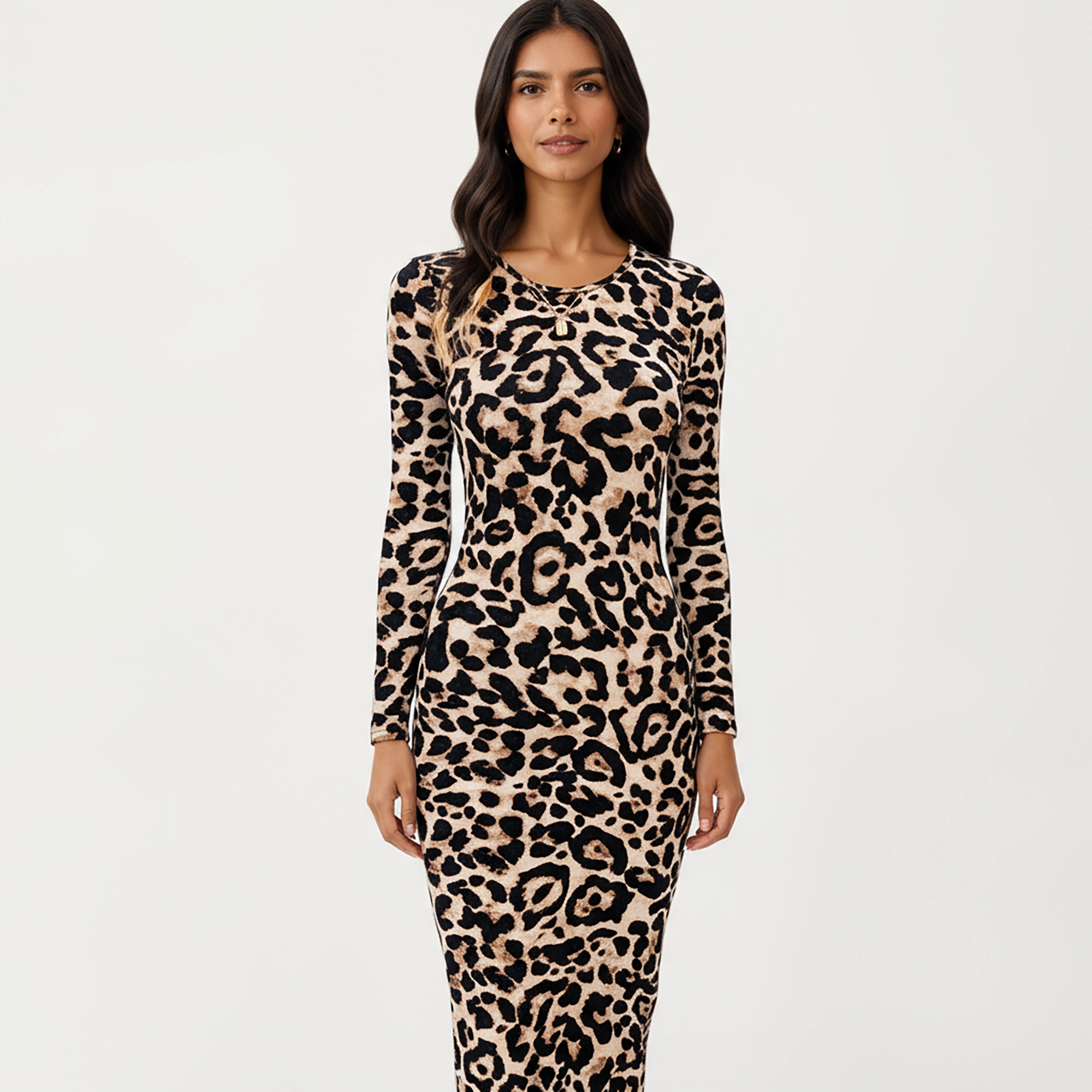 Anna-Kaci Women's Long Sleeve Leopard Print Bodycon Crew Neck Stretch Fit Midi Dress