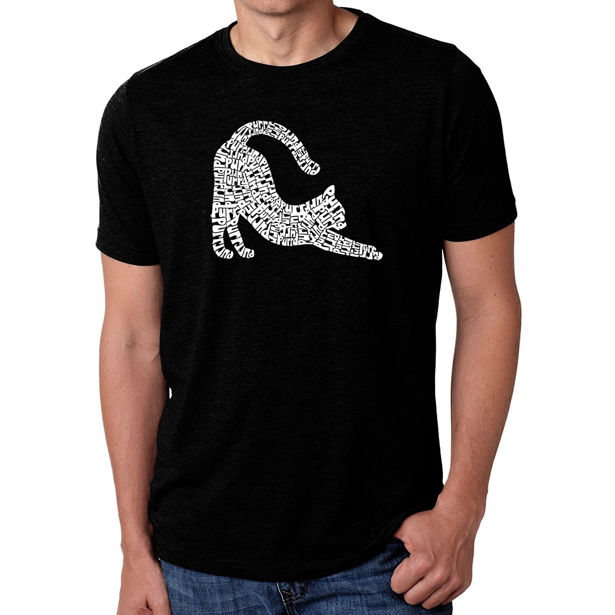 LA Pop Art Men's Cotton/Poly Blend Word T-Shirt - Stretching Cat