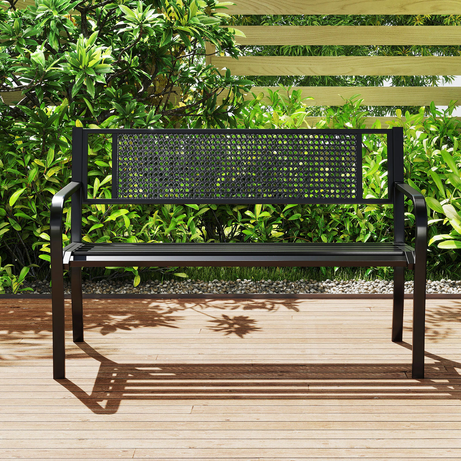 LJG 50 Inches Garden Bench with Patterned Backrest and Curved Armrests