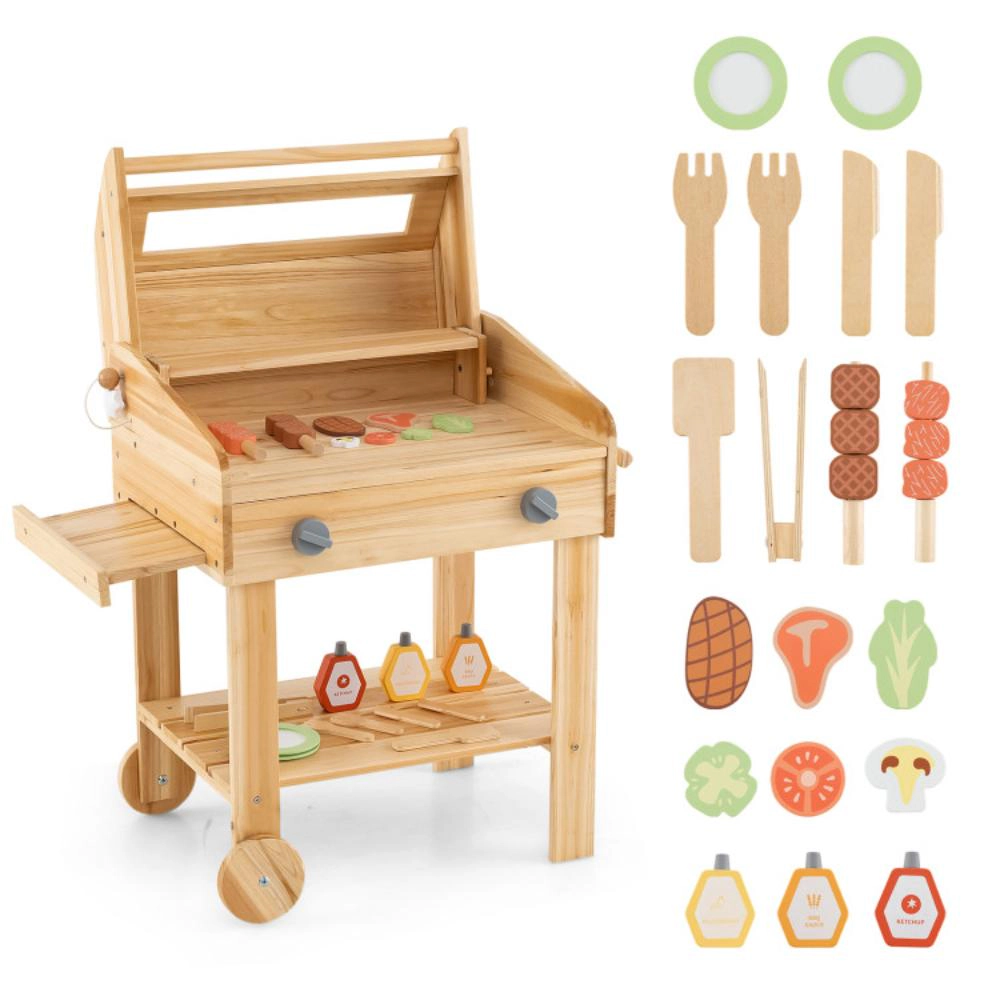 Hivvago Kids Wooden Barbecue Grill Playset Pretend Kitchen with Food and Wheels-Natural