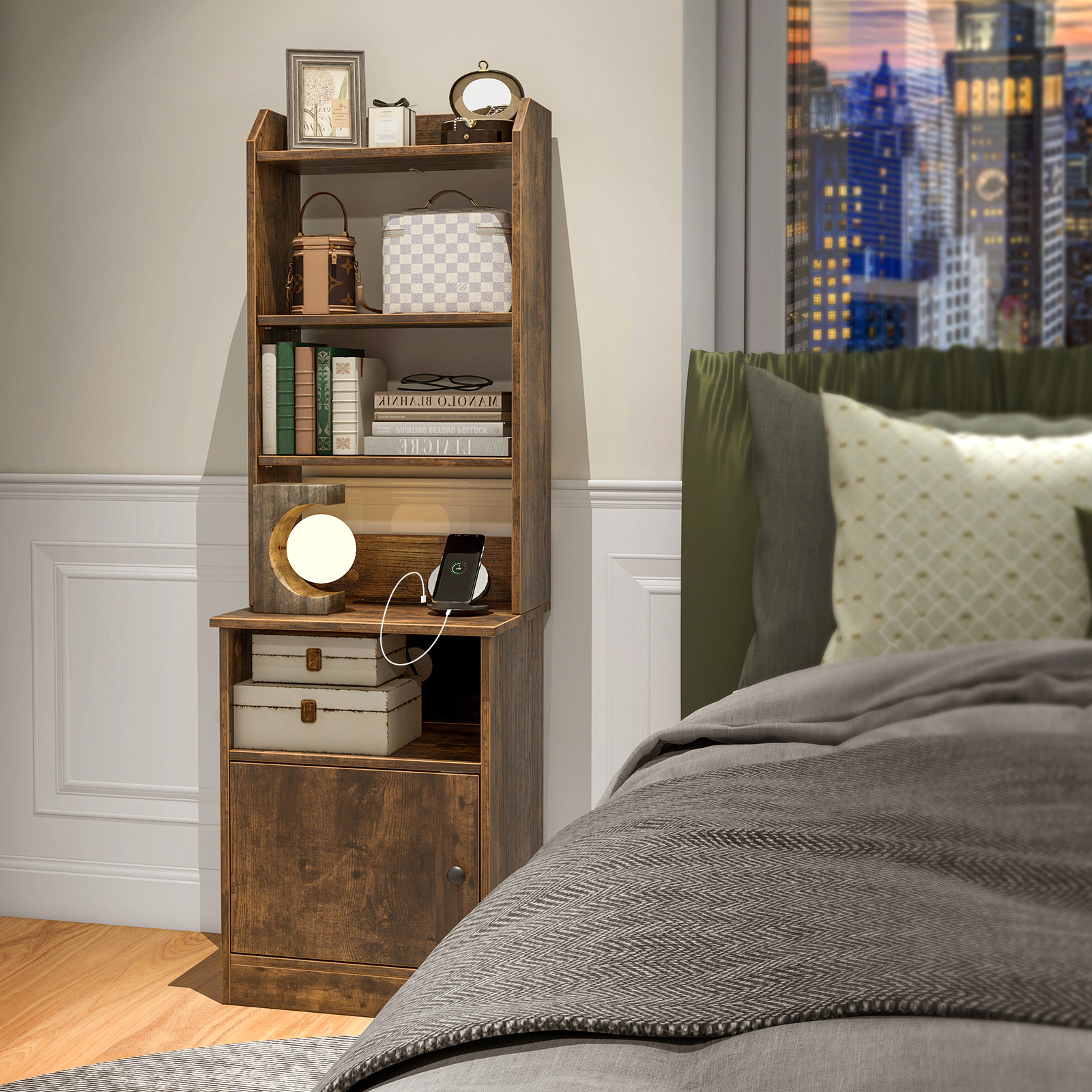 Costway Nightstand Bedside End Side Table Bookshelf w/ Charging Station