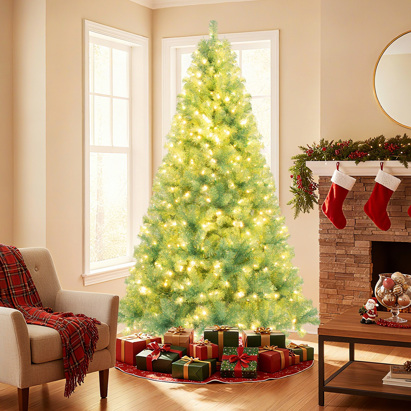 SUGIFT Fruit Green Pre-Lit Tinsel Christmas Tree with 550 LED Lights 8 Modes and Reflective Foliage