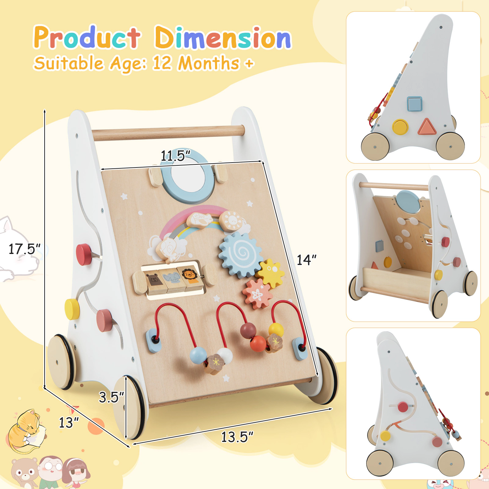 Wooden Baby Push Walker with Activity Center Rubberized Quiet Wheels and Rear Storage Basket in White