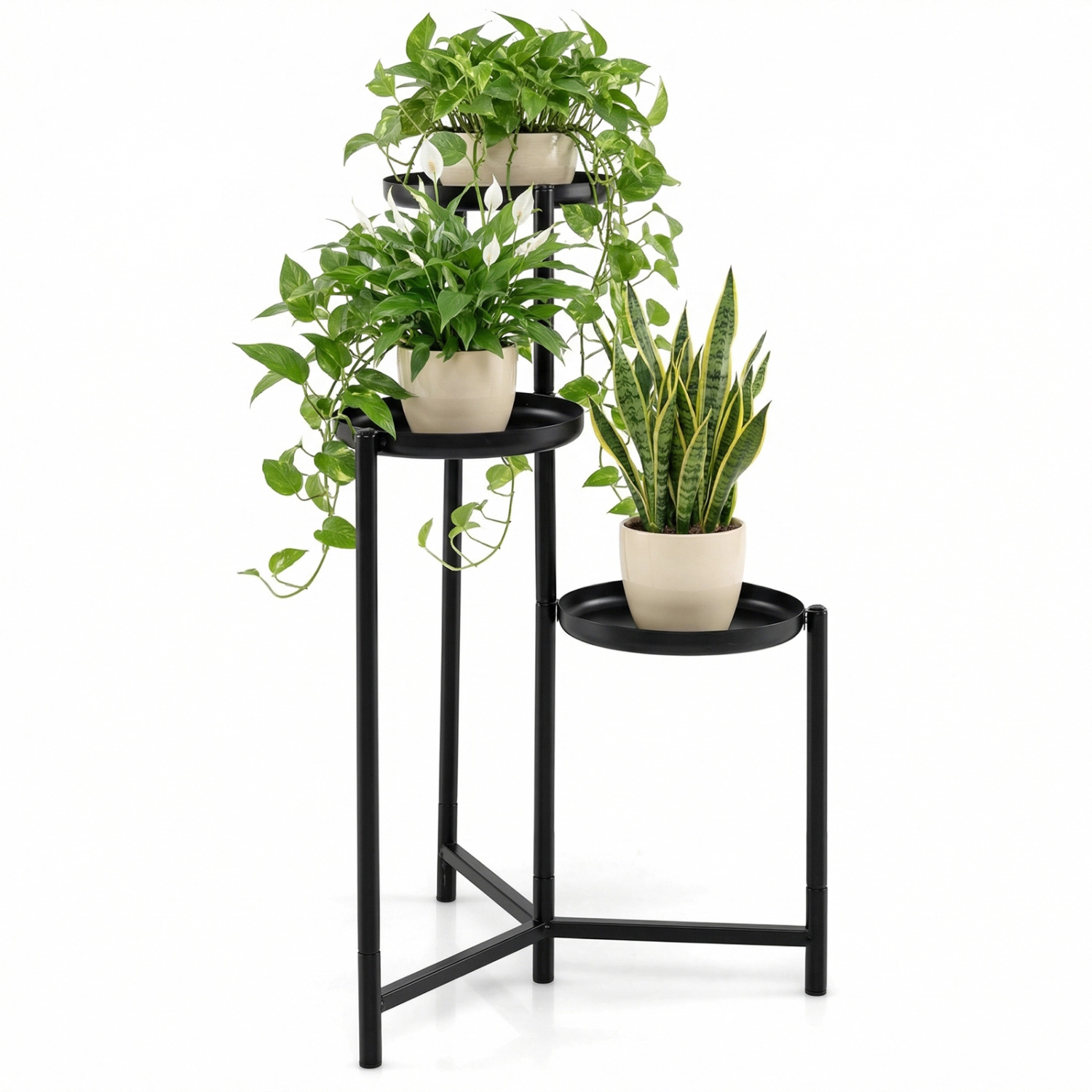 Slickblue 3-Tier Metal Corner Plant Shelf with Round Trays Black Plant Stand