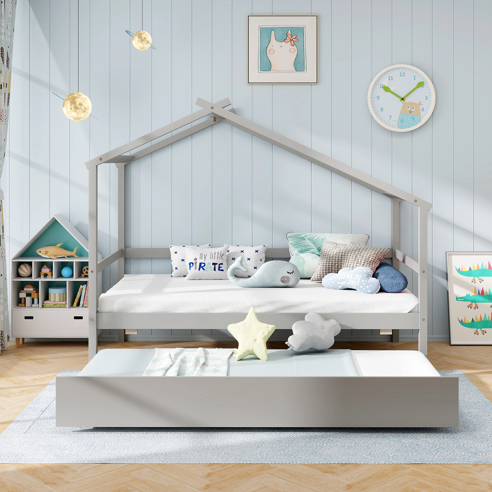 SUGIFT Kids Twin Size House Bed with Trundle and Roof 200-lb Capacity Gray