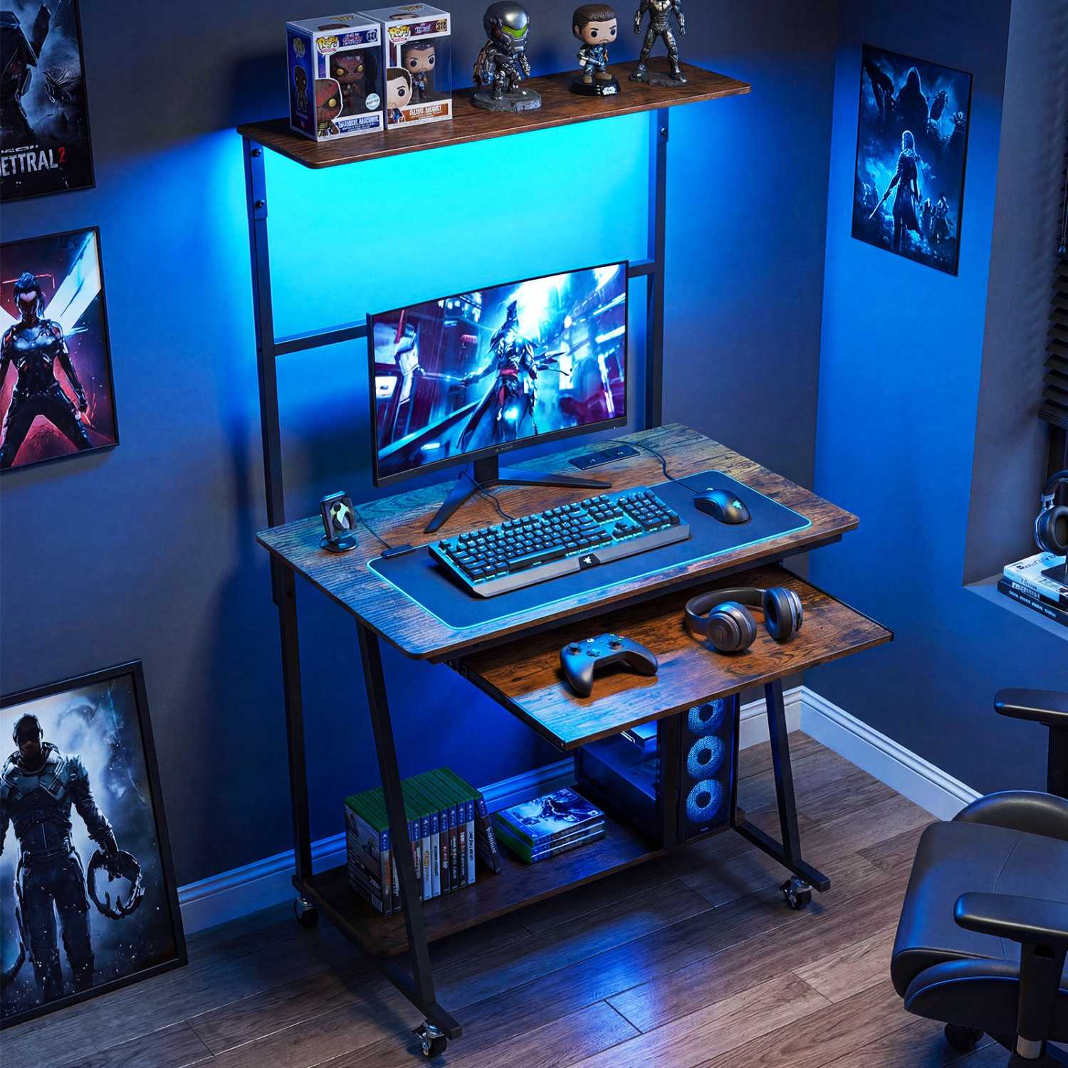 LJG Small Computer Desk with Charging Station and LED Lights and Wheels