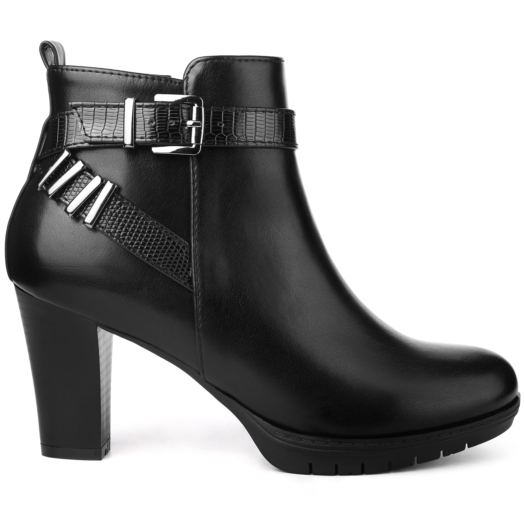 BLISSFUL STEP Women Faux Leather Cross Strap Platform Block Heel Ankle Booties