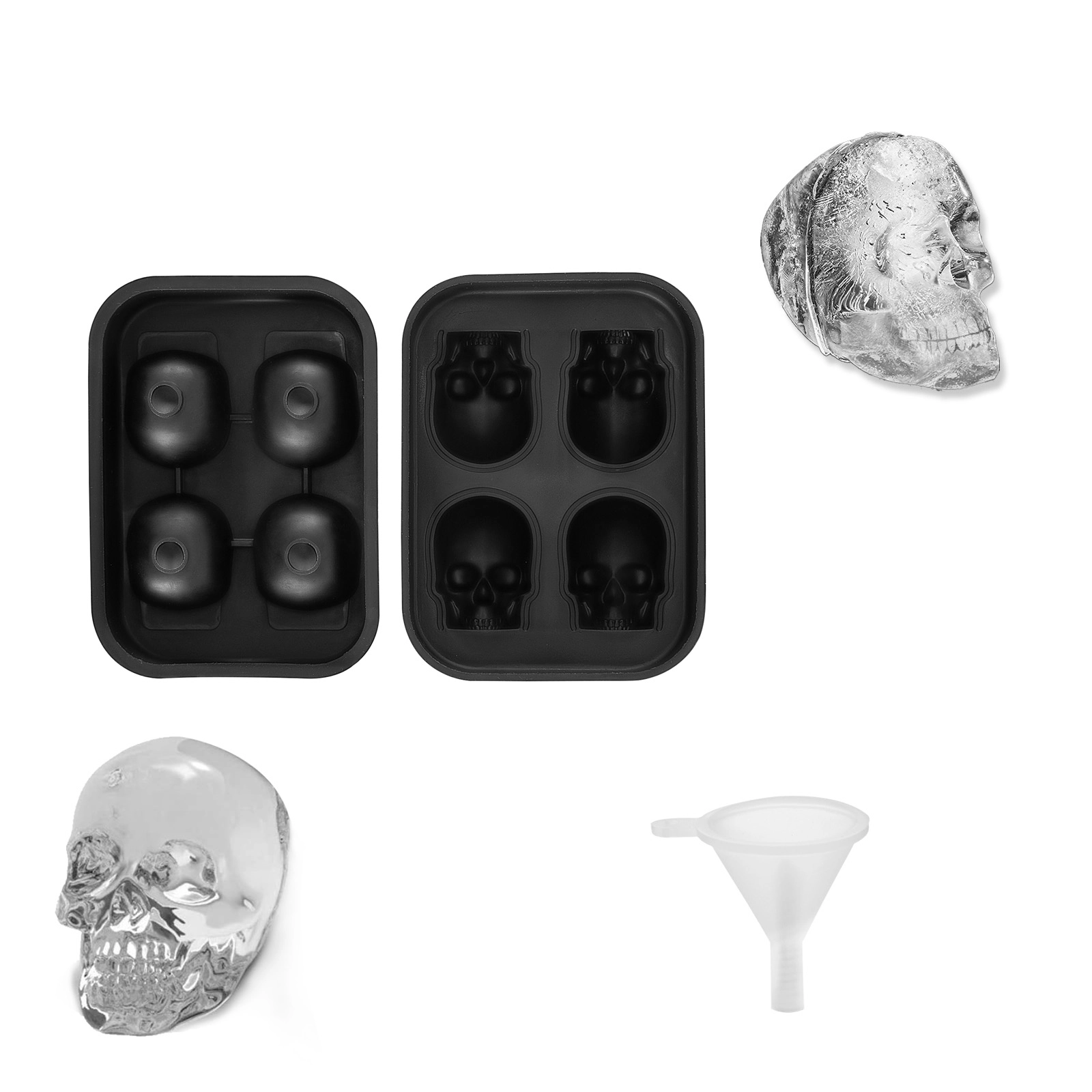 HONGGE Skull Ice Cube Tray, Skull Ice Ball Maker, Flexible Black Silicone Ice Tray with Lid & Funnel