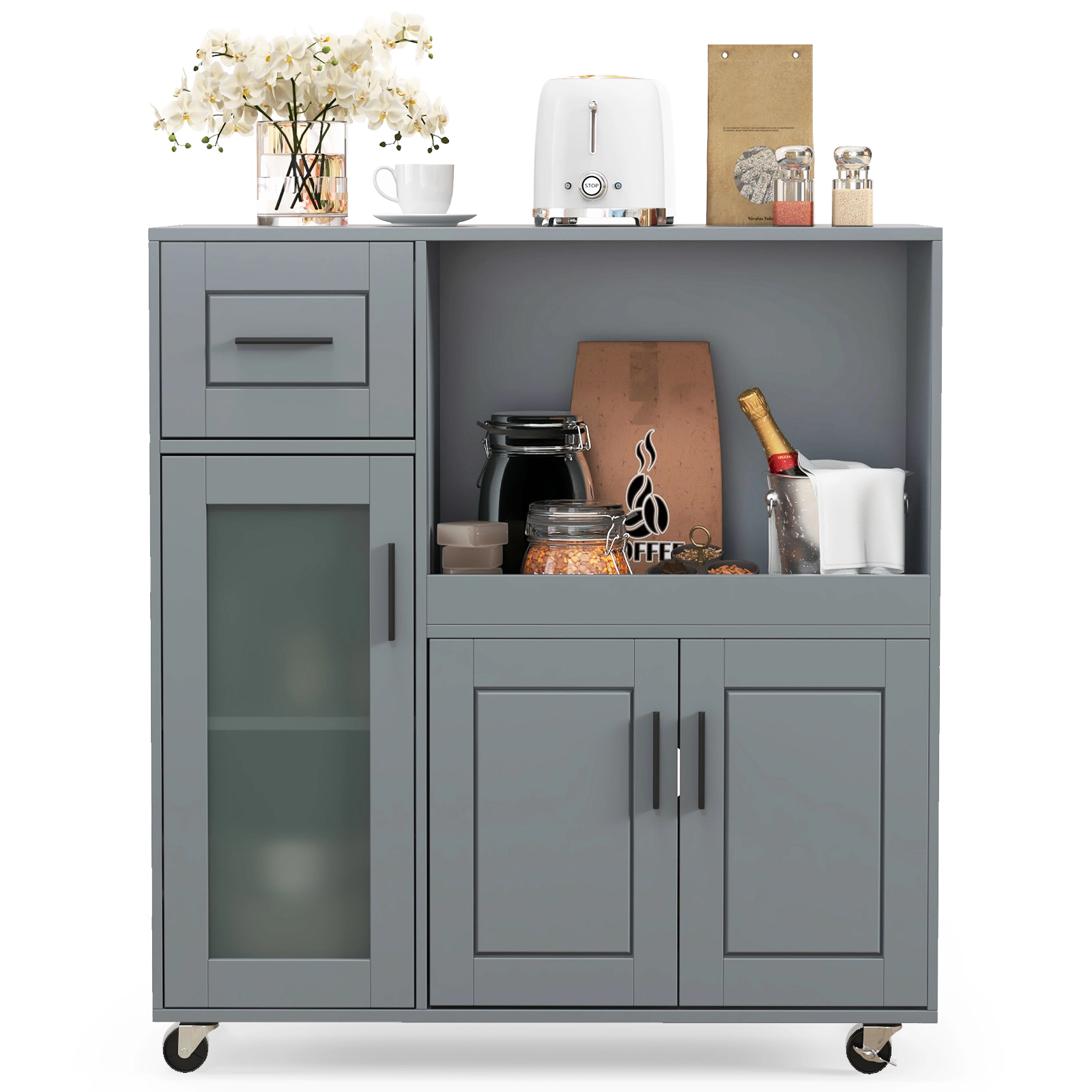 SUGIFT Rolling Kitchen Island Cart with Drawer Glass Door Cabinet and Adjustable Shelf 100-lb Tabletop Capacity Gray