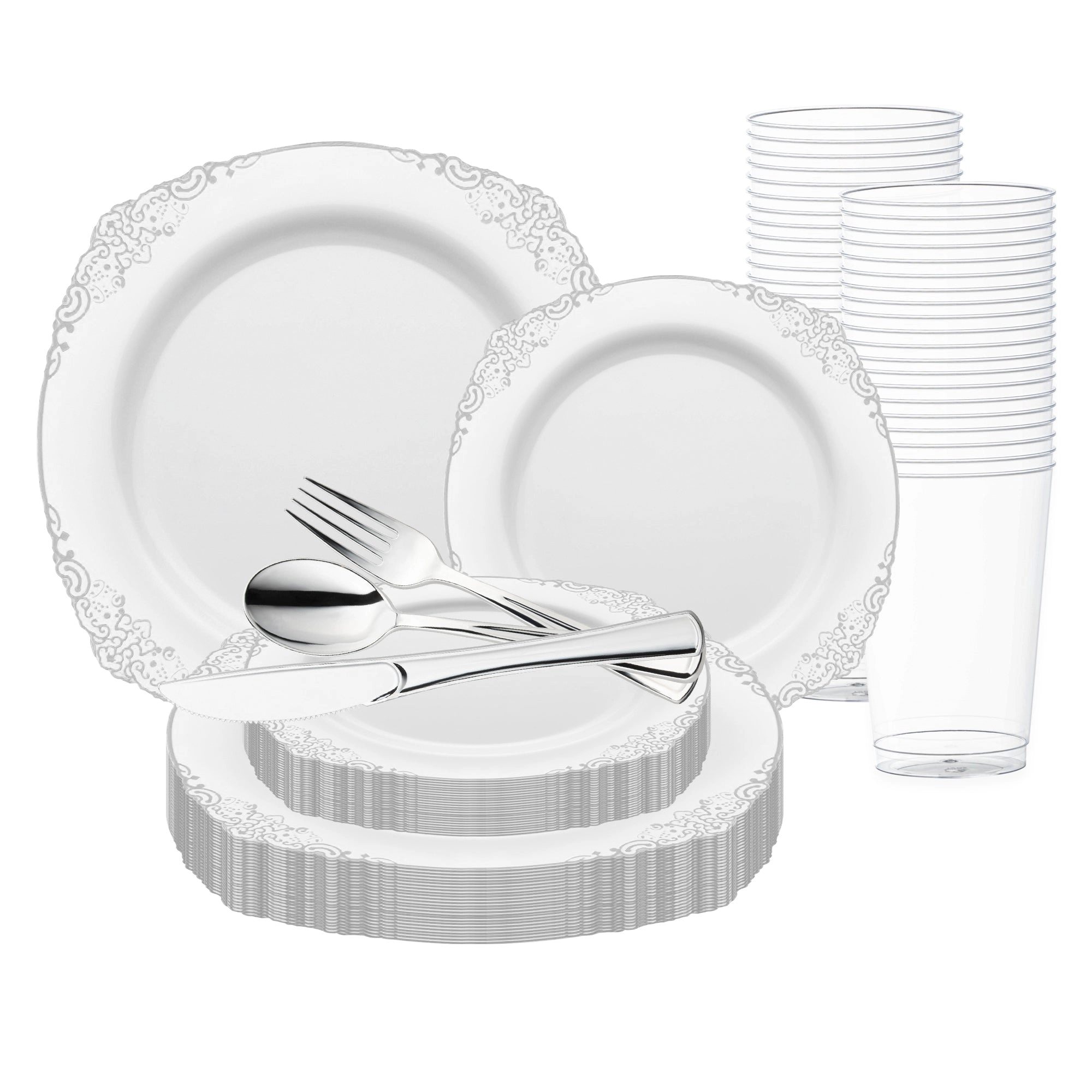 Smarty Had A Party White with Silver Fancy Round Disposable Plastic Wedding Value Set