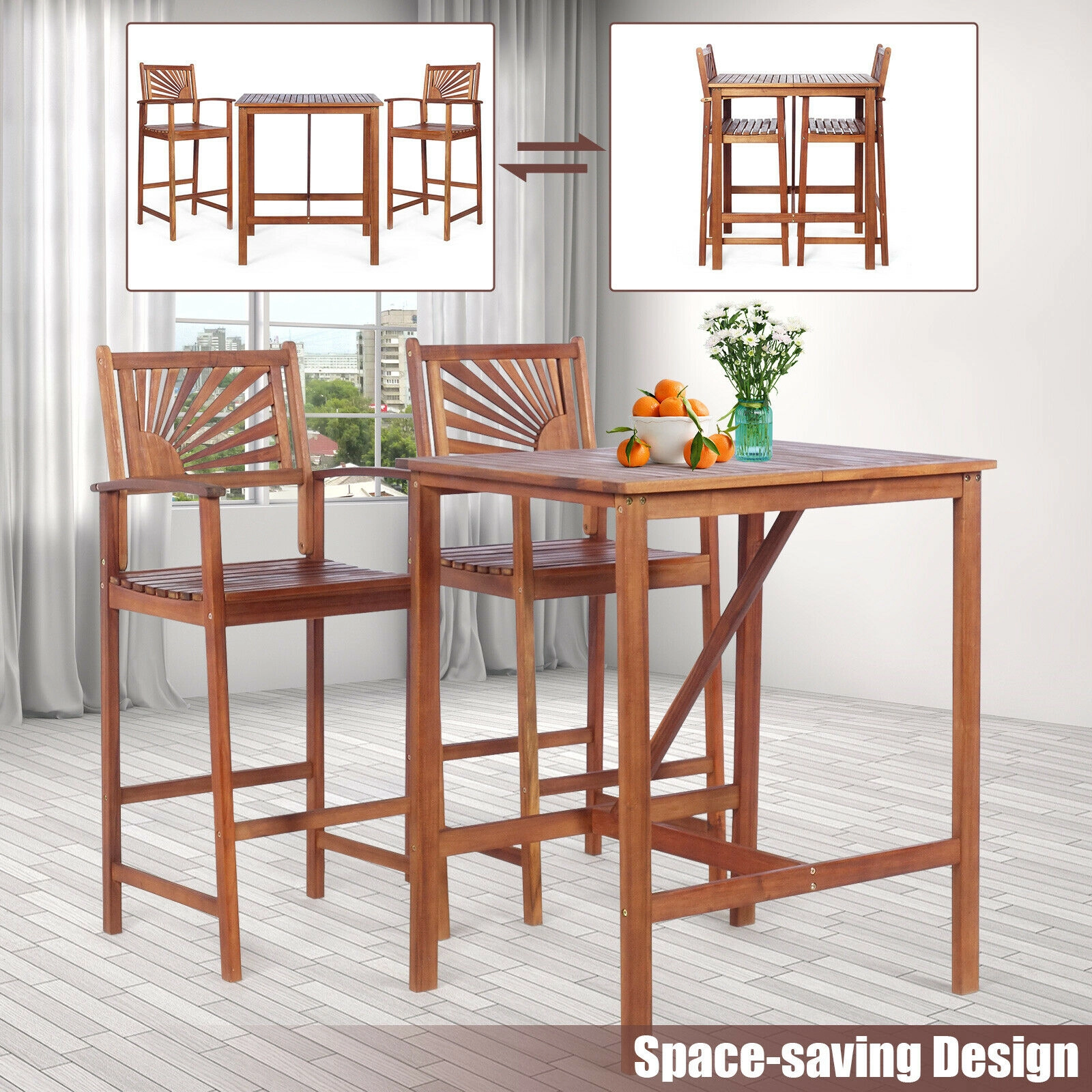 LJG 3 Pieces Acacia Wood Patio Bar Set with Sunflower Patterned Backrest