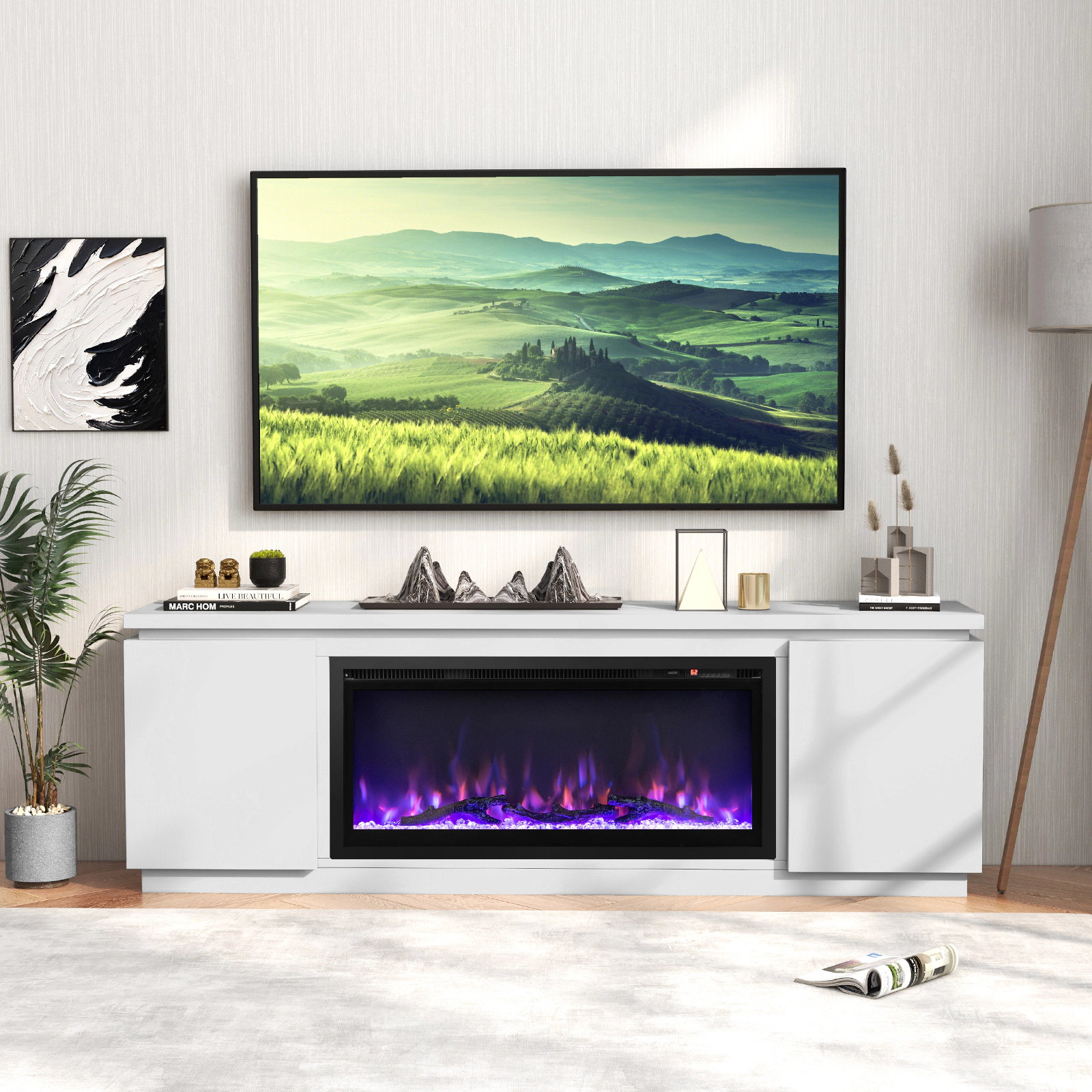 LJG Fireplace TV Stand for TVs up to 80 Inch with 3 Adjustable Shelves