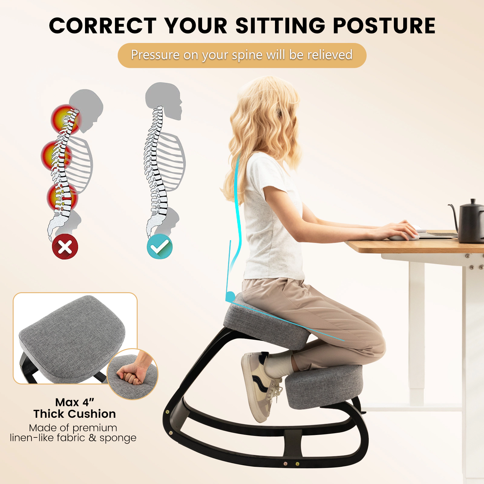 SUGIFT Backless Rocking Birch Wood Frame Padded Ergonomic Kneeling Chair 28-in x 18-in x 22-in 265-lb Capacity Gray