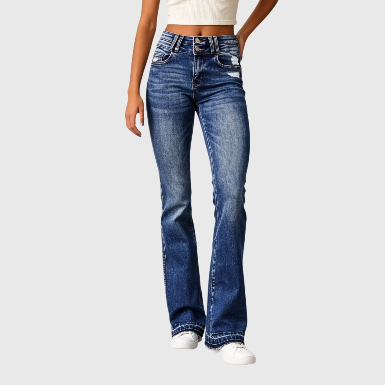 YesFashion Women High Waisted Distressed Bootcut Jeans Zip Slim \Double Button Flare Denim Pants