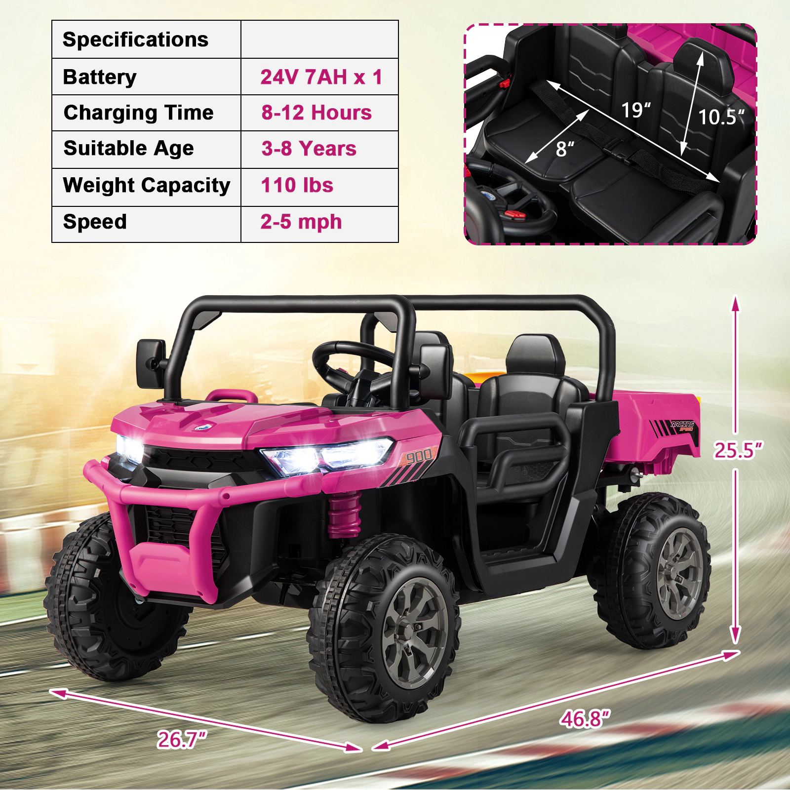 24V Kids Ride On Car One-Button Dump Bed Shovel Holder Parent Remote and Spring Suspension Ages 3-8 Pink Dump Truck