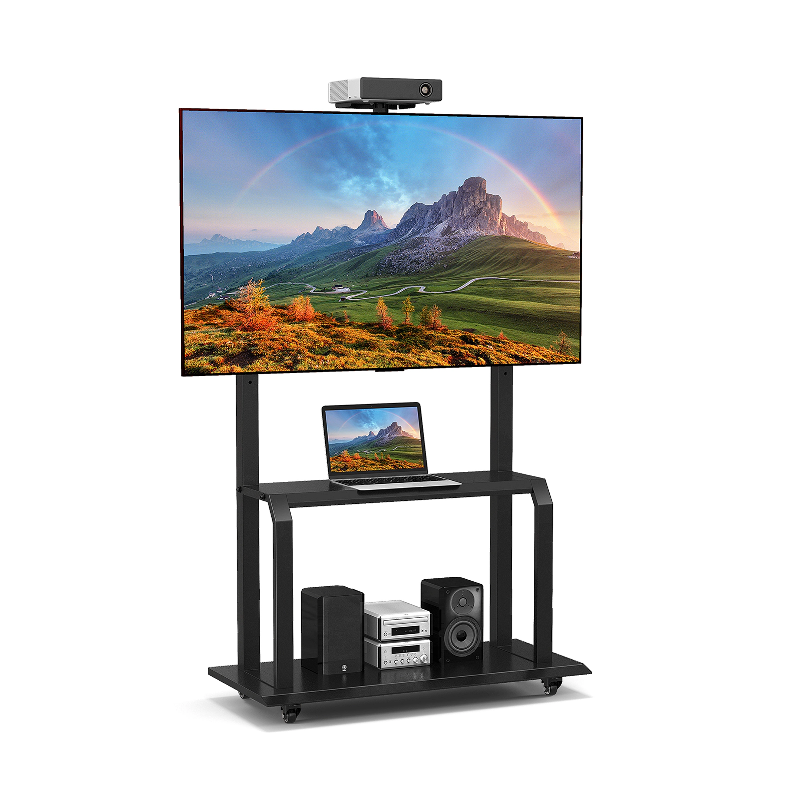 SUGIFT Mobile TV Stand for 32-80 in TVs, 2-Tier AV Cart with Camera Shelf and Locking Casters