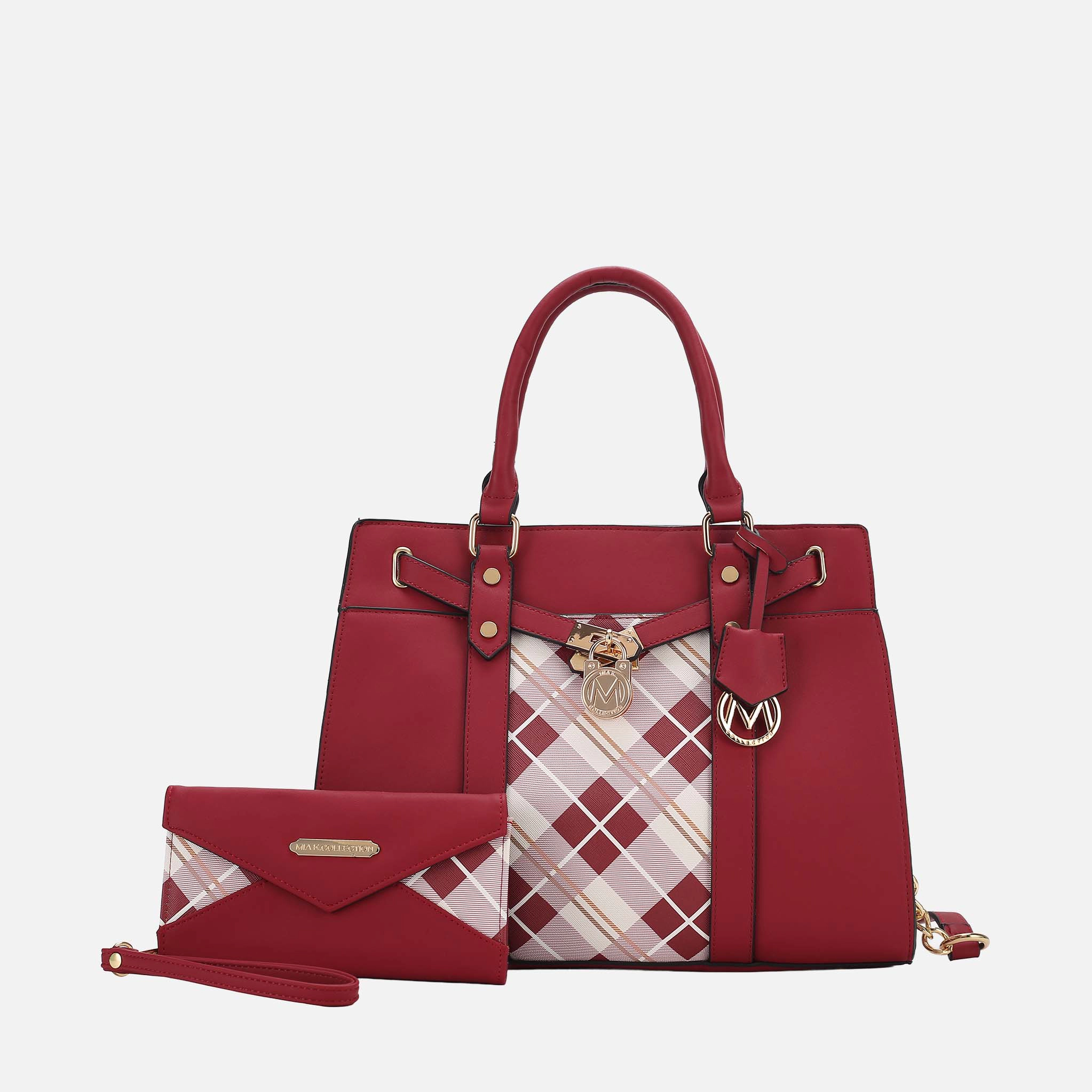 MKF Collection Christine Plaid Vegan Leather Satchel with Wristlet Wallet, Burgundy Red