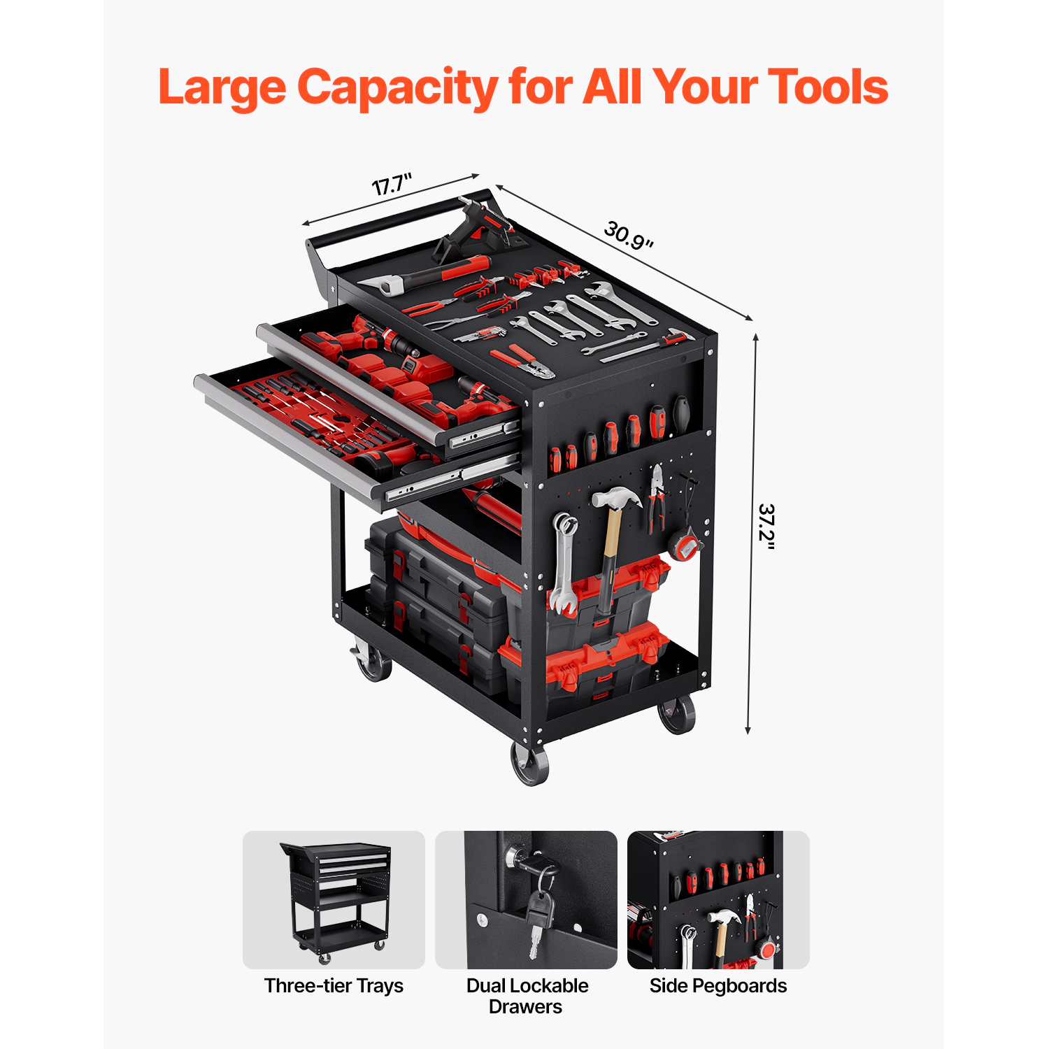 HONGGE Rolling Tool Cart with Wheels, Pegboard, Mechanic Storage Organizer with Locking System for Garage, Warehouse