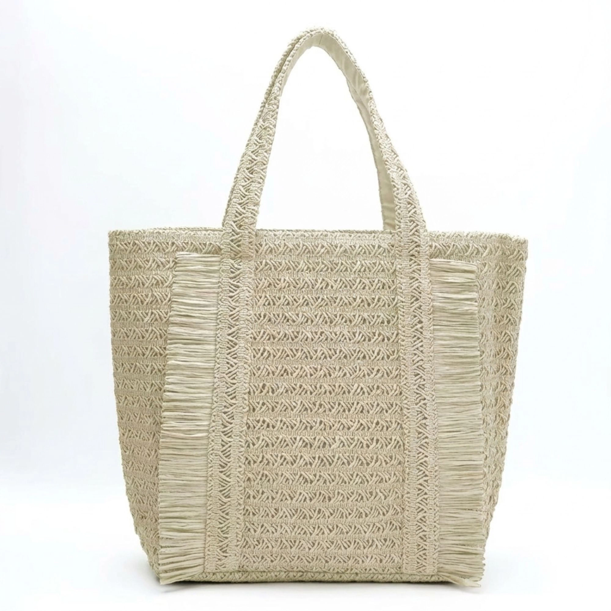 Alilang Women's Woven Tote Bag with Fringe Detail and Shoulder Handles, Khaki