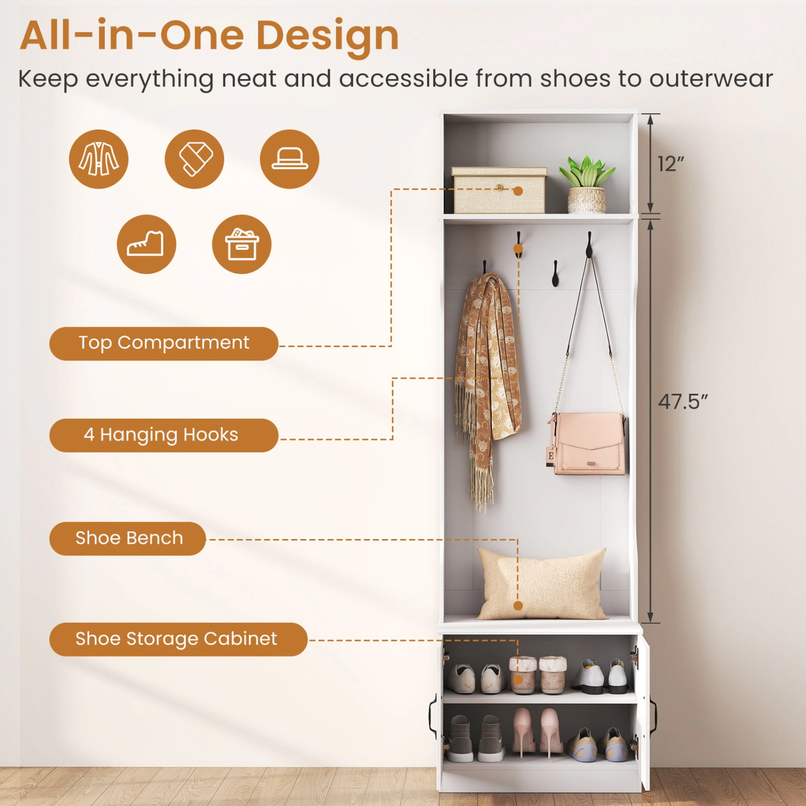 SUGIFT White 23.5-in Wide 3-in-1 Hall Tree with Bench Shoe Cabinet and 4 Double Hooks for Mudroom