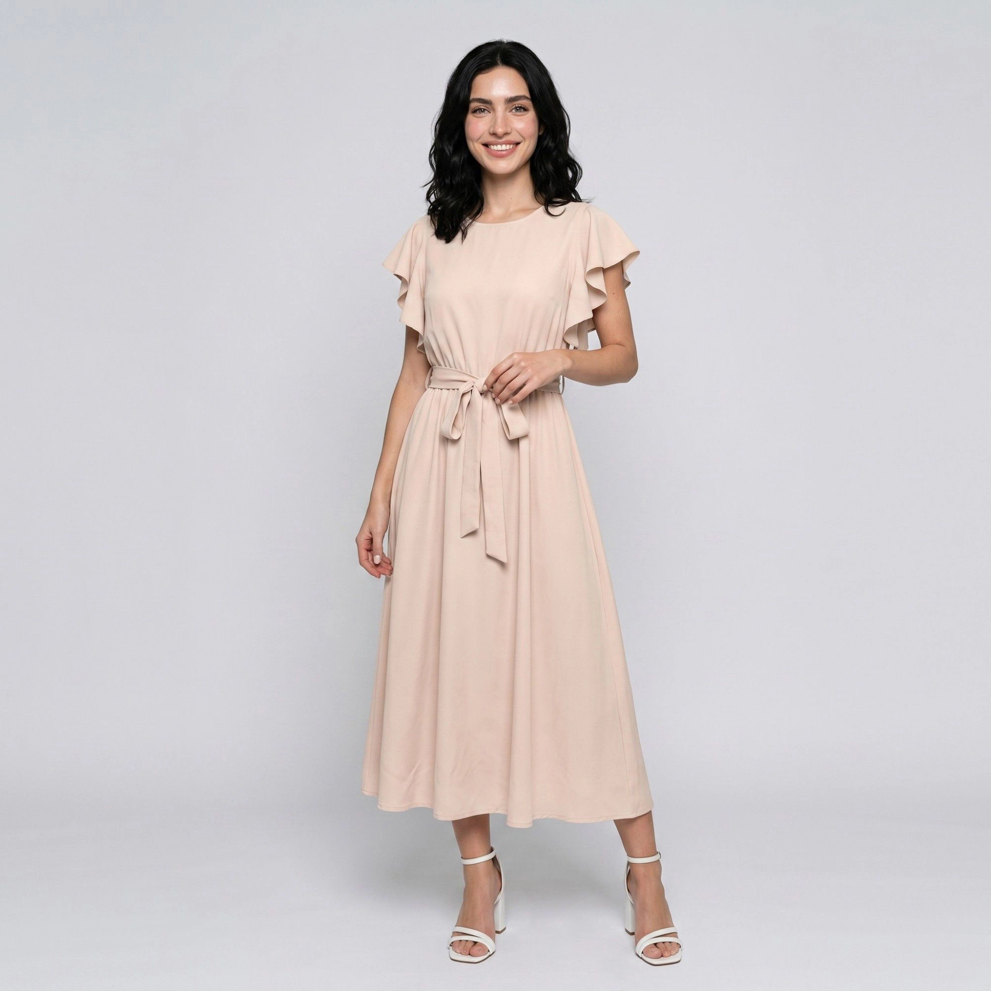Anna-Kaci Women's Flutter Sleeve Tie Waist Round Neck A-Line Skirt Gathered Midi Dress