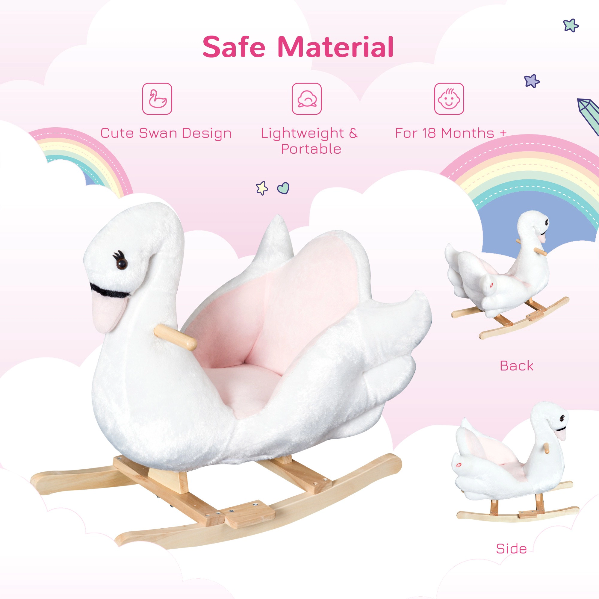 HONGGE Plush Swan Rocking Chair with Sing-Along Music, Wood Base and Safety Handles for Toddlers 18 Months+, Pink