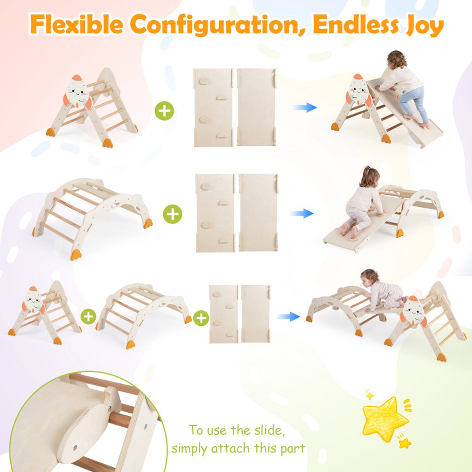 SUGIFT 8-in-1 Foldable Climbing Triangle Arch and Balance Bridge 330-lb Capacity Ages 1+ Rocket-Themed Natural