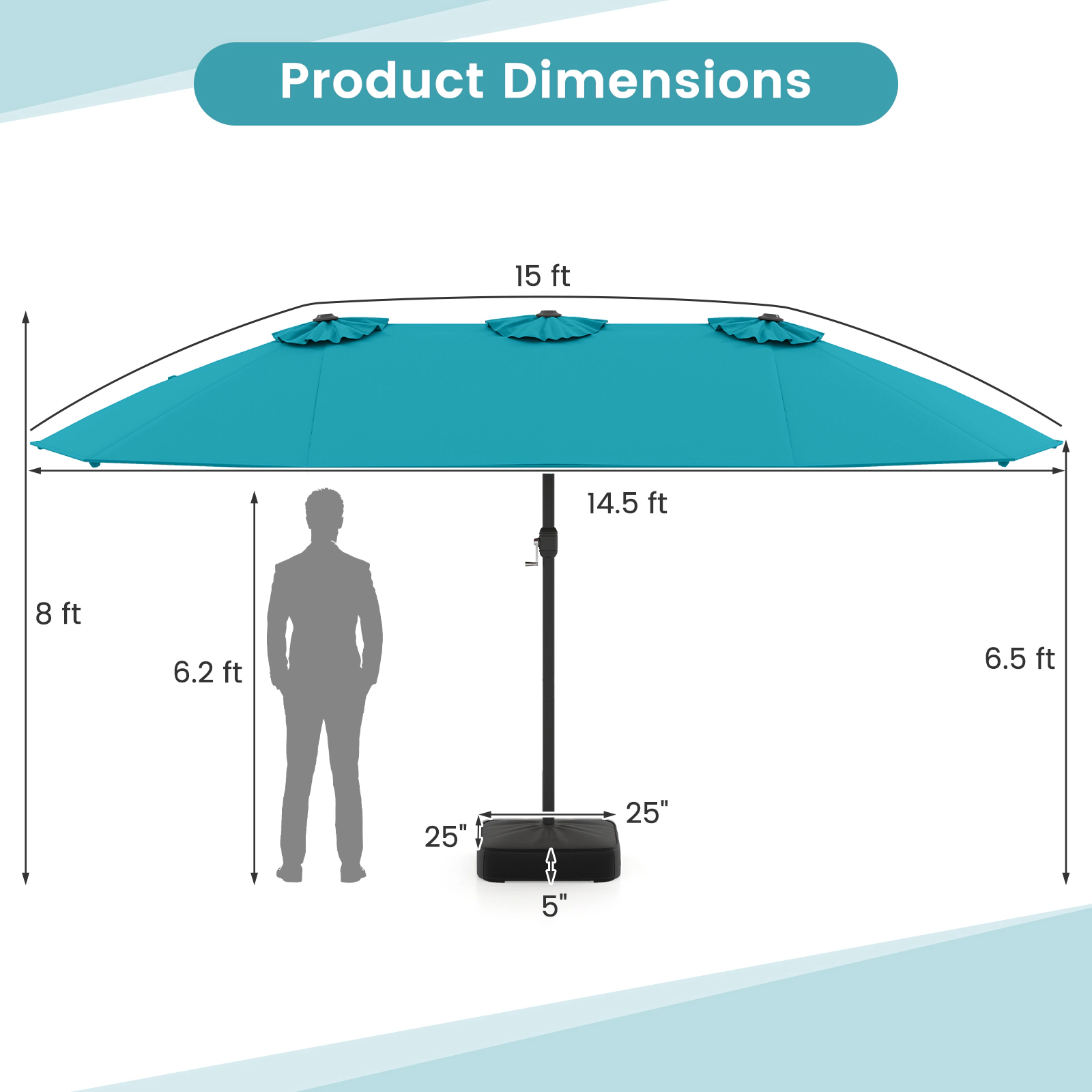 SUGIFT 15-ft Turquoise Rectangular Double-Sided Patio Umbrella with Hand Crank