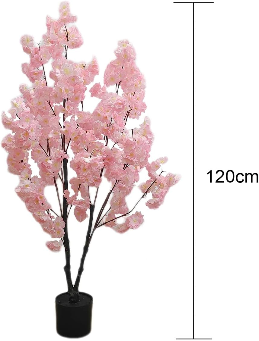 4ft Artificial Cherry Blossom Tree, Pink Silk Blossoms with Plastic Pot, Realistic Faux Indoor Tree
