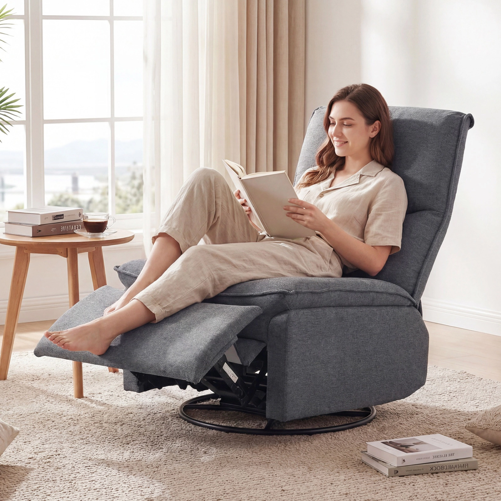 SUGIFT 360 Degree Swivel Rocking Recliner Chair Gray with Padded Footrest