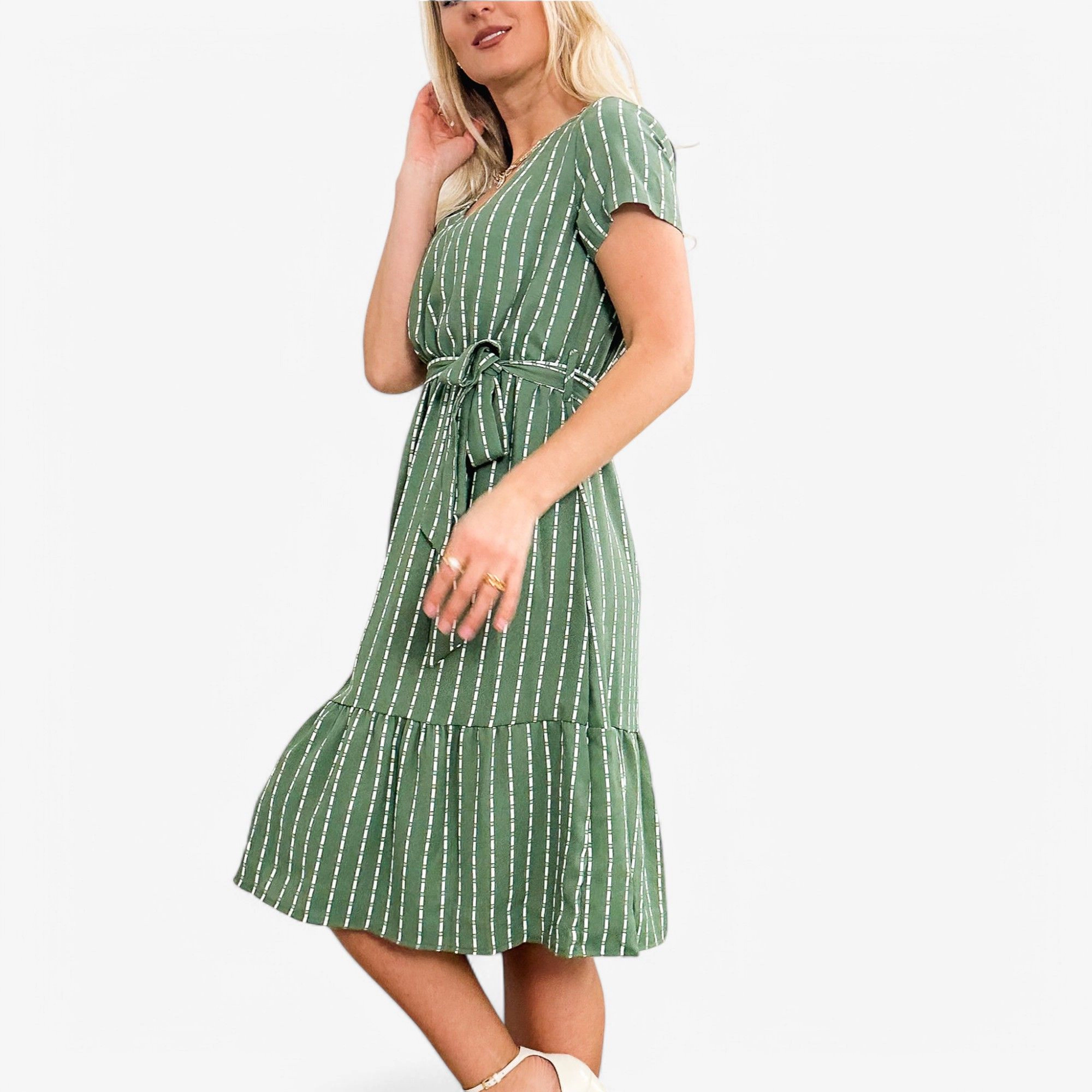 Anna-Kaci Women's V Neck Short Sleeve Tiered Waist Tie Midi Dress
