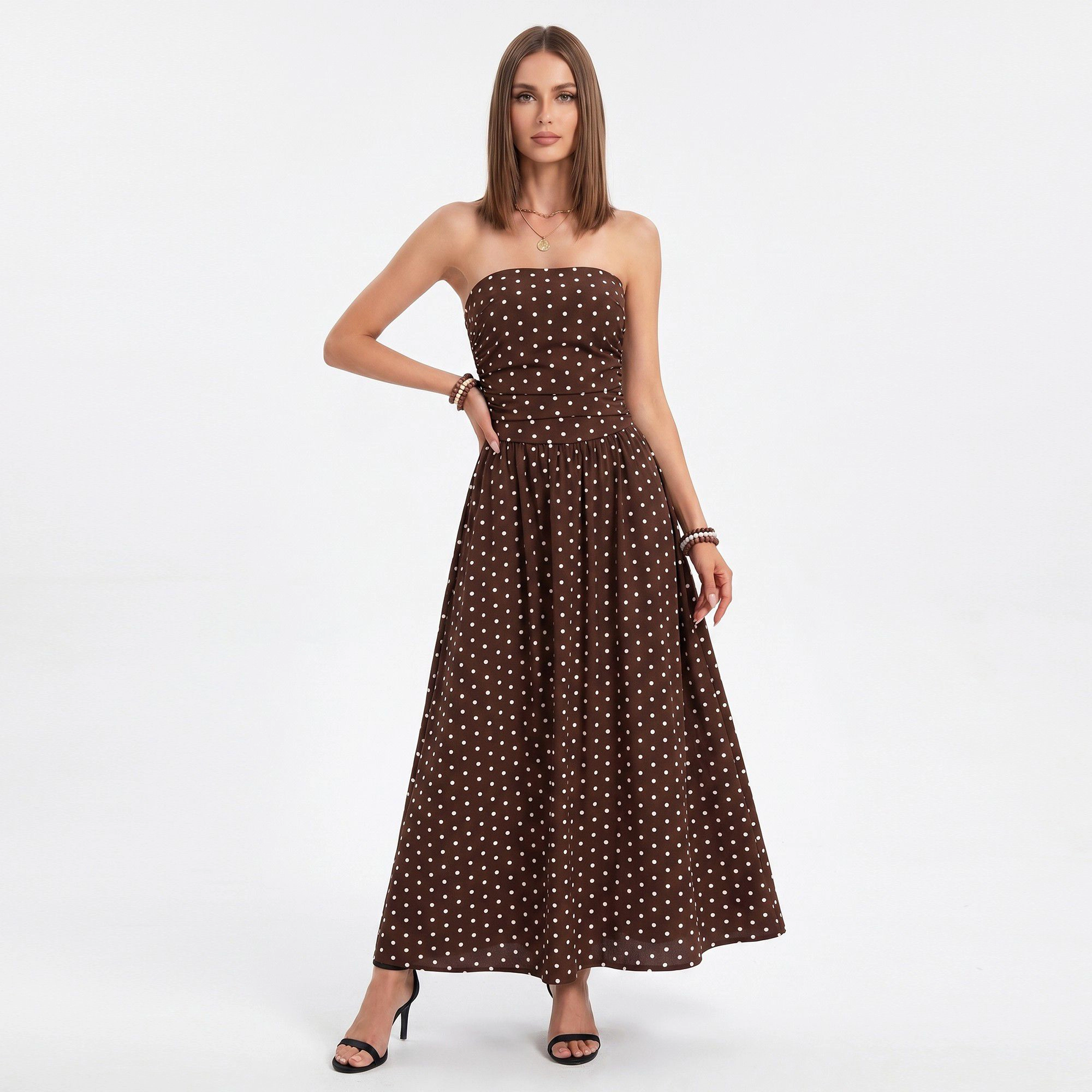 Anna-Kaci Women's Polka Dot Strapless Maxi Dress with Ruched Bodice and Full Skirt