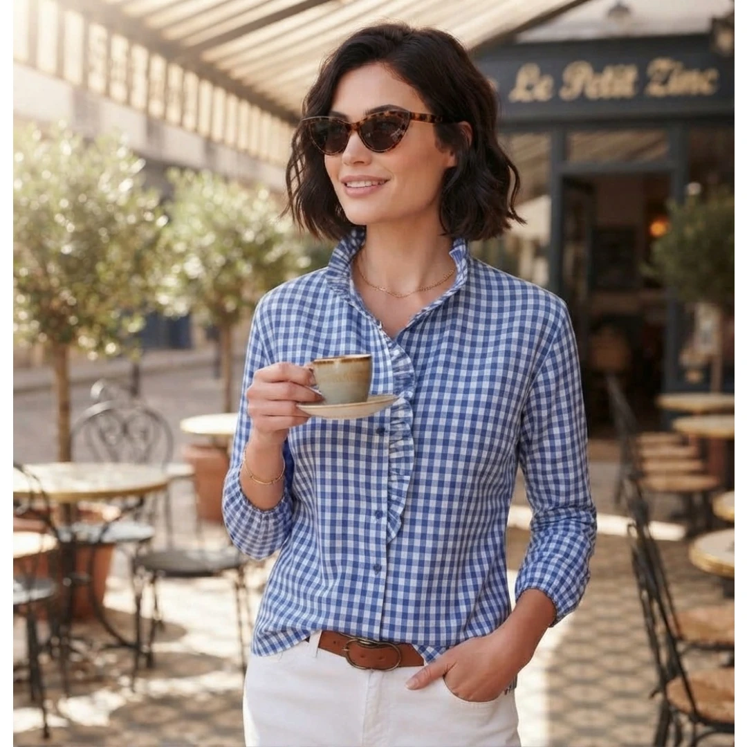 Coolmee Women's Ruffle Plaid Shirt Blouse Top All Season