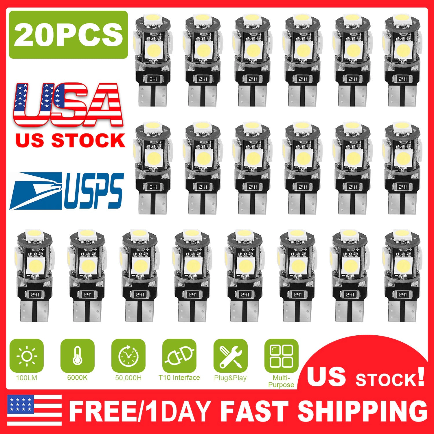 GBruno 20-Piece T10 LED Car Interior Light Bulb Kit