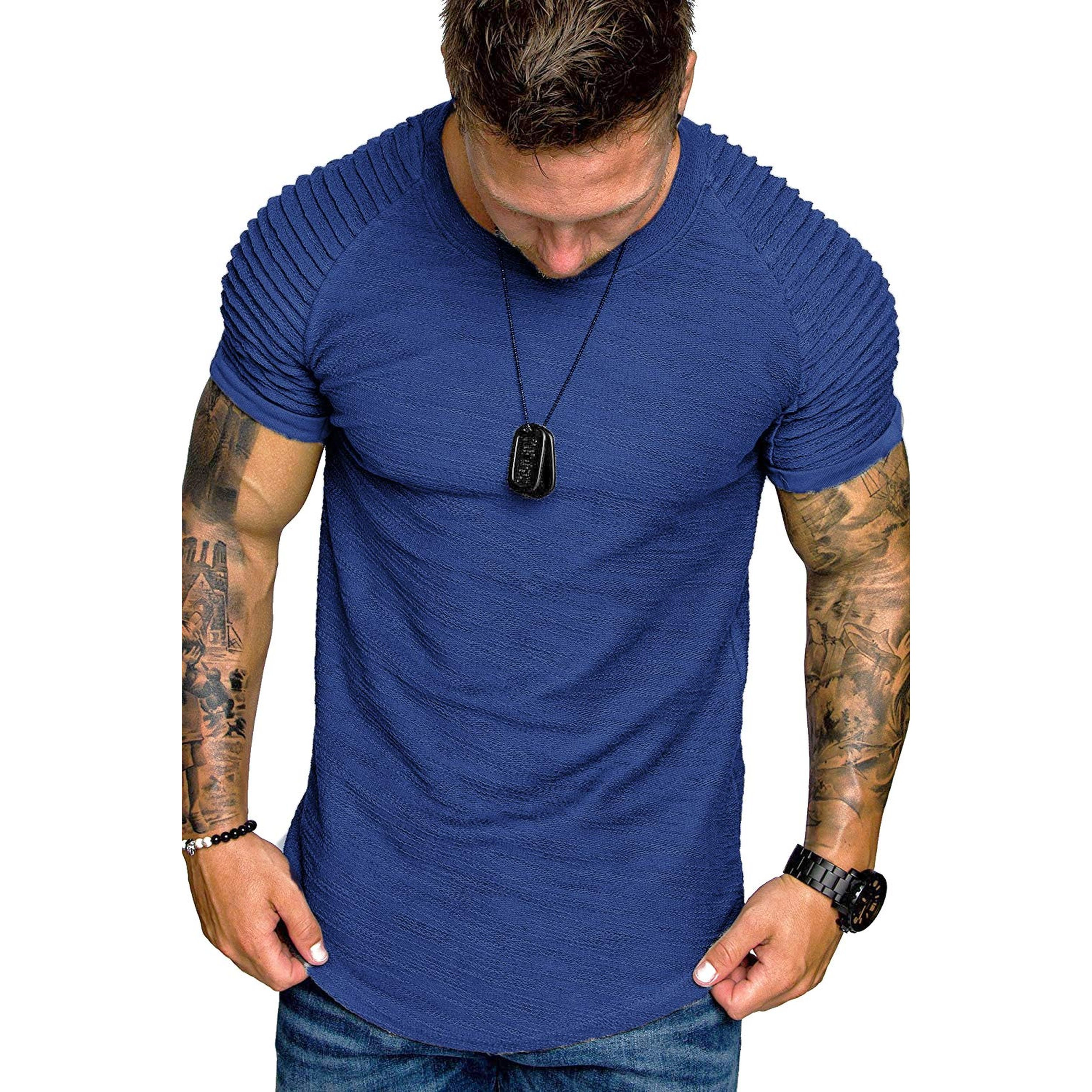 COOFANDY Mens Short Sleeve Crew Neck Tee Ribbed Pleated Sleeves Curved Hem Slim Tops