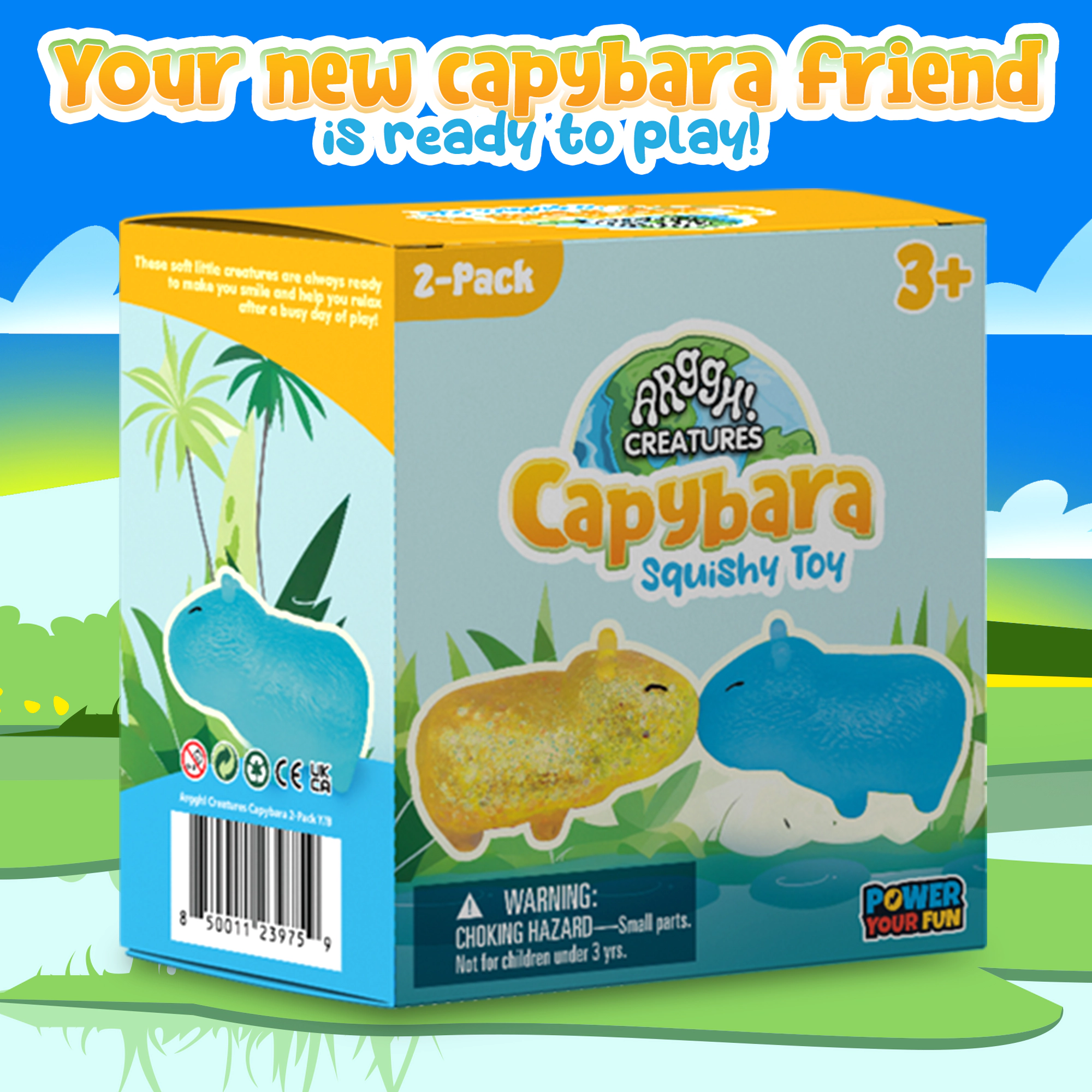 Power Your Fun Capybara Squishy Toy 2-Pack, Stress Relief Fidget STEM Toys (Yellow / Blue)