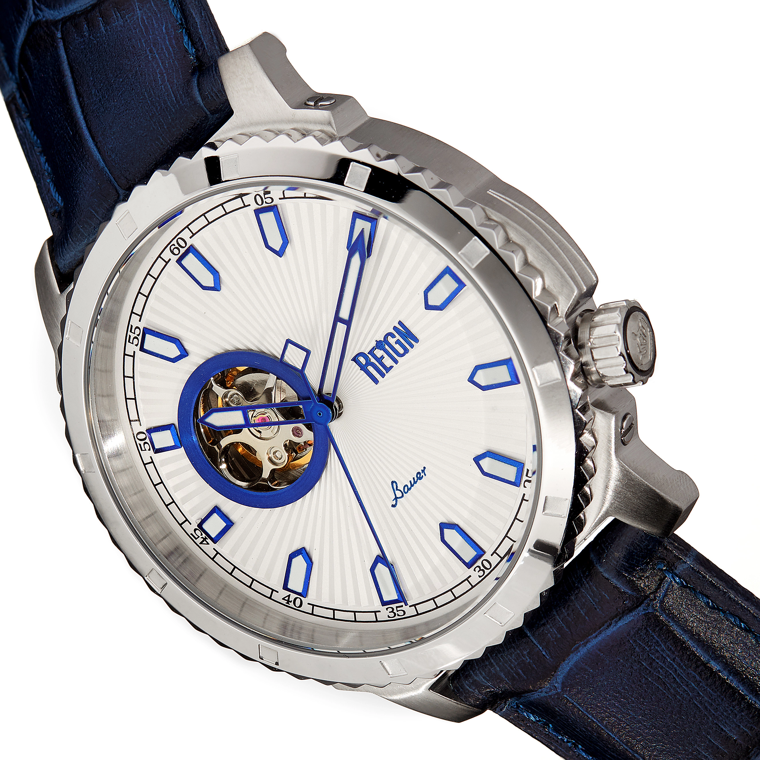 Reign Bauer Automatic Semi-Skeleton Leather-Band Watch