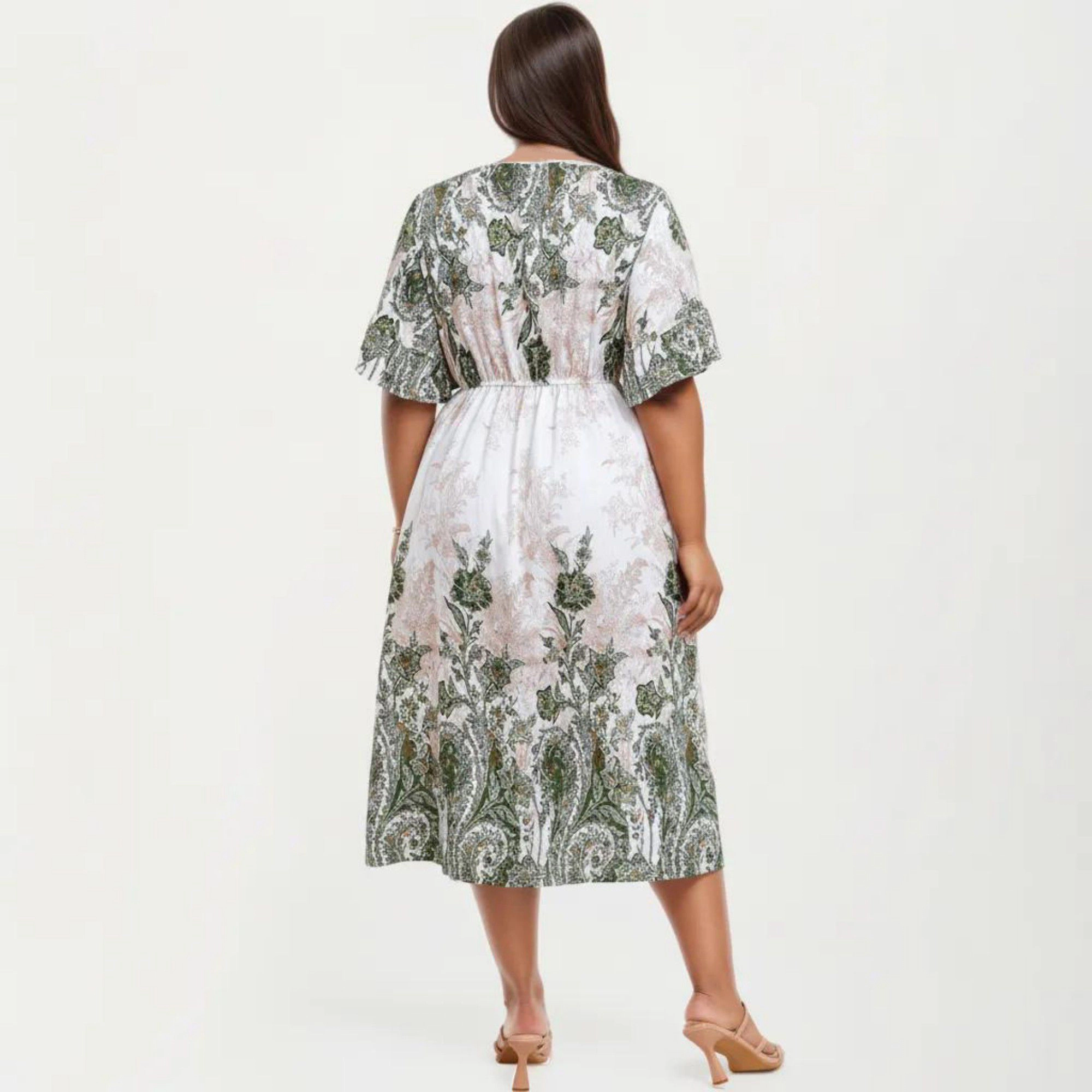 Anna-Kaci Women's Short Sleeve V Neck Elastic Waist All Over Floral Print Flowy Fit Casual Midi Dress