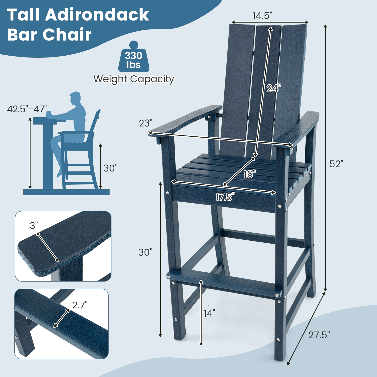 SUGIFT Tall Adirondack Outdoor Bar Chair Stool with Ergonomic High Backrest 330-lb Capacity Blue