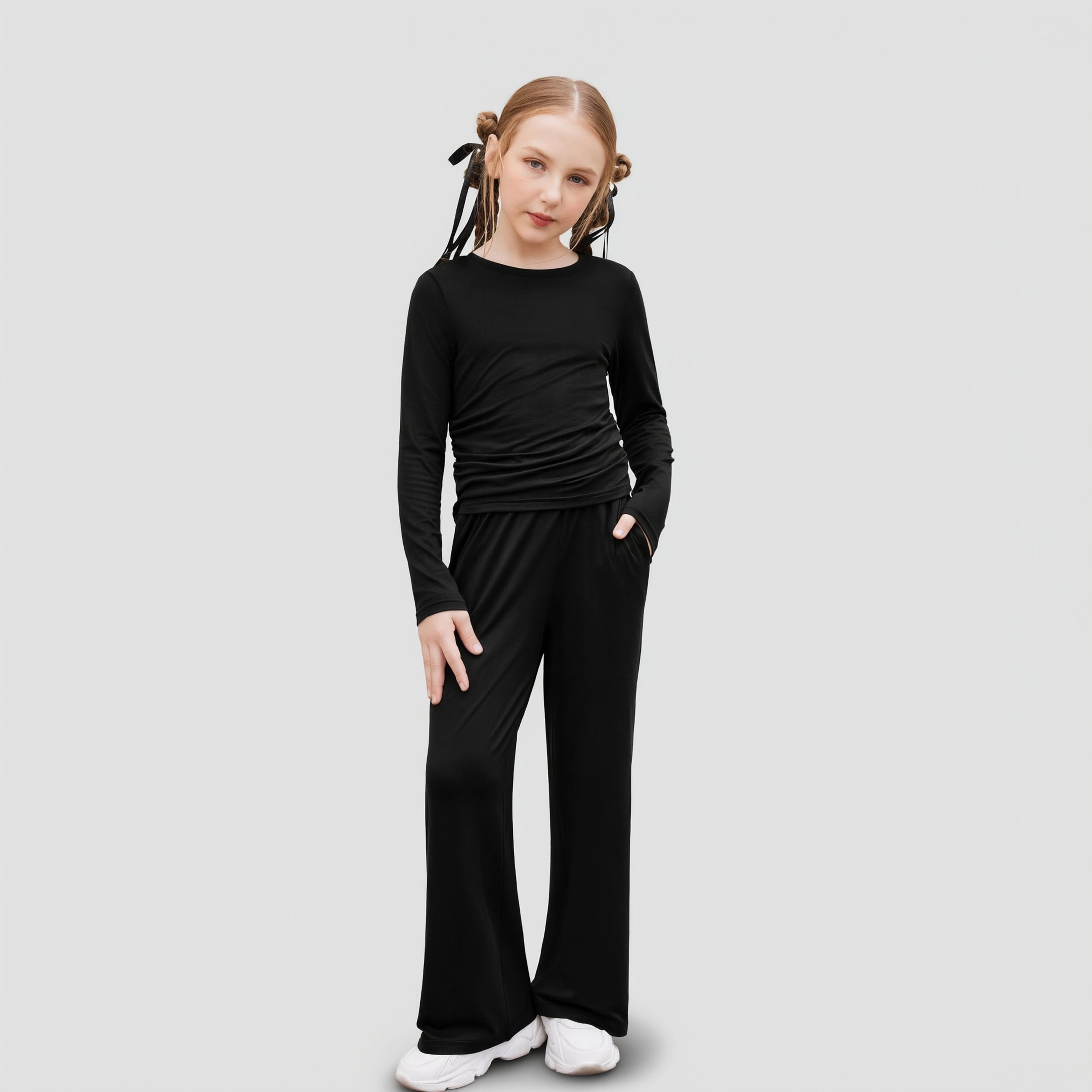 Arshiner Girls Piece Outfits Set Ruched Long Sleeve Top Wide Leg Pant Clothing