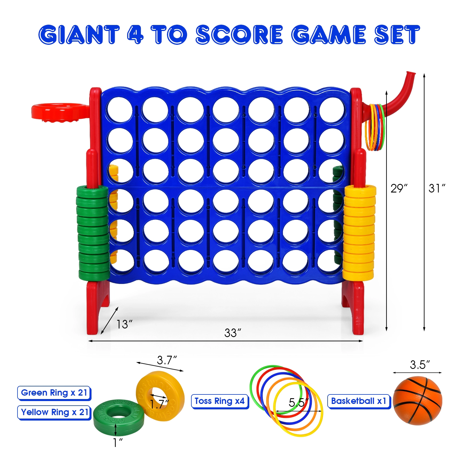 SUGIFT Red 3-in-1 2.5-ft Tall 4-to-Score Giant Game Set with Basketball Hoop and Ring Toss 33-in W 13-in D 30-in H
