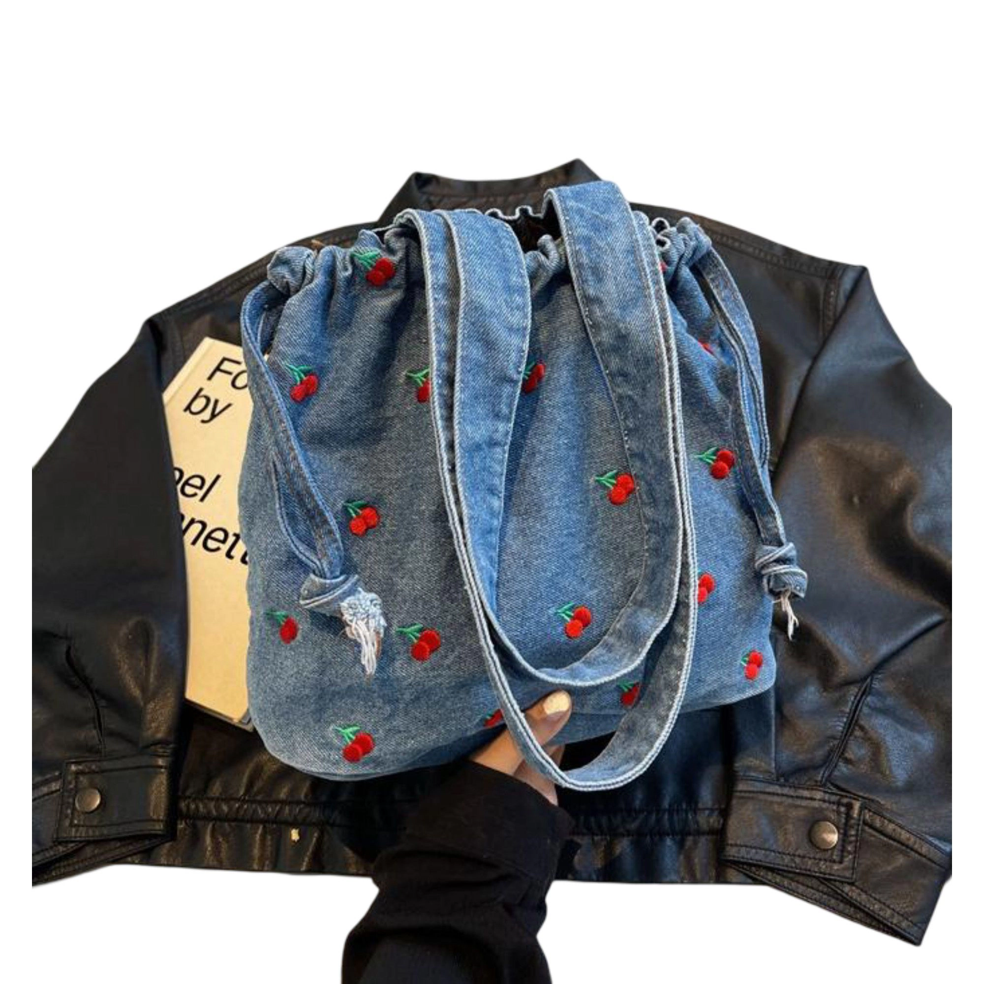 Alilang Women's Embroidered Cherry Denim Drawstring Bag with Fixed Shoulder Strap