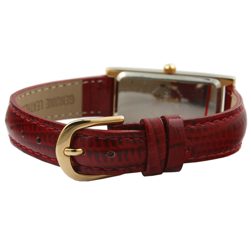 Peugeot Women's Rectangular Gold-Tone Case Watch Glossy Red Leather Strap