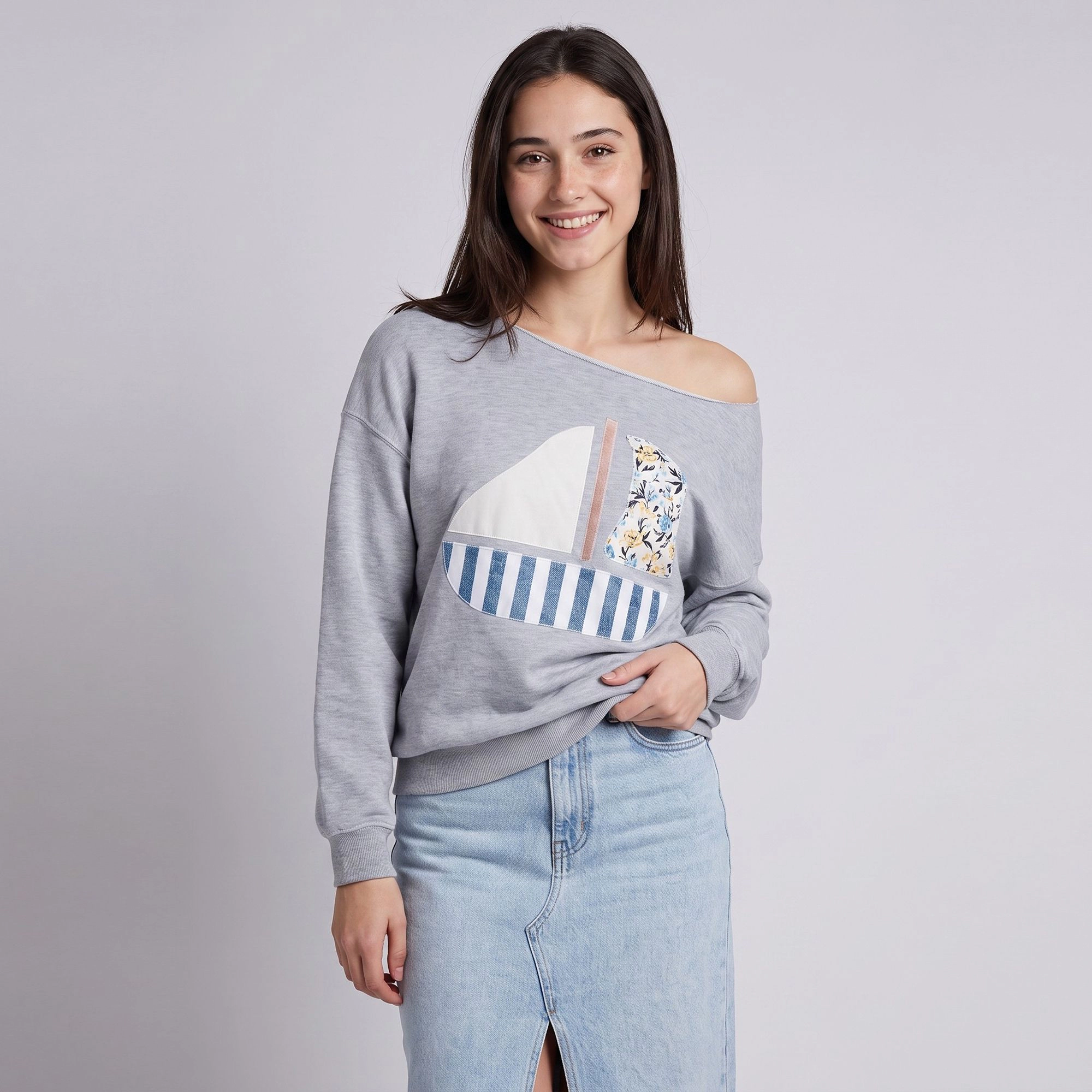 Anna-Kaci Women's Sailboat Applique Wide Neck Long Sleeve Relaxed Sweatshirt Top