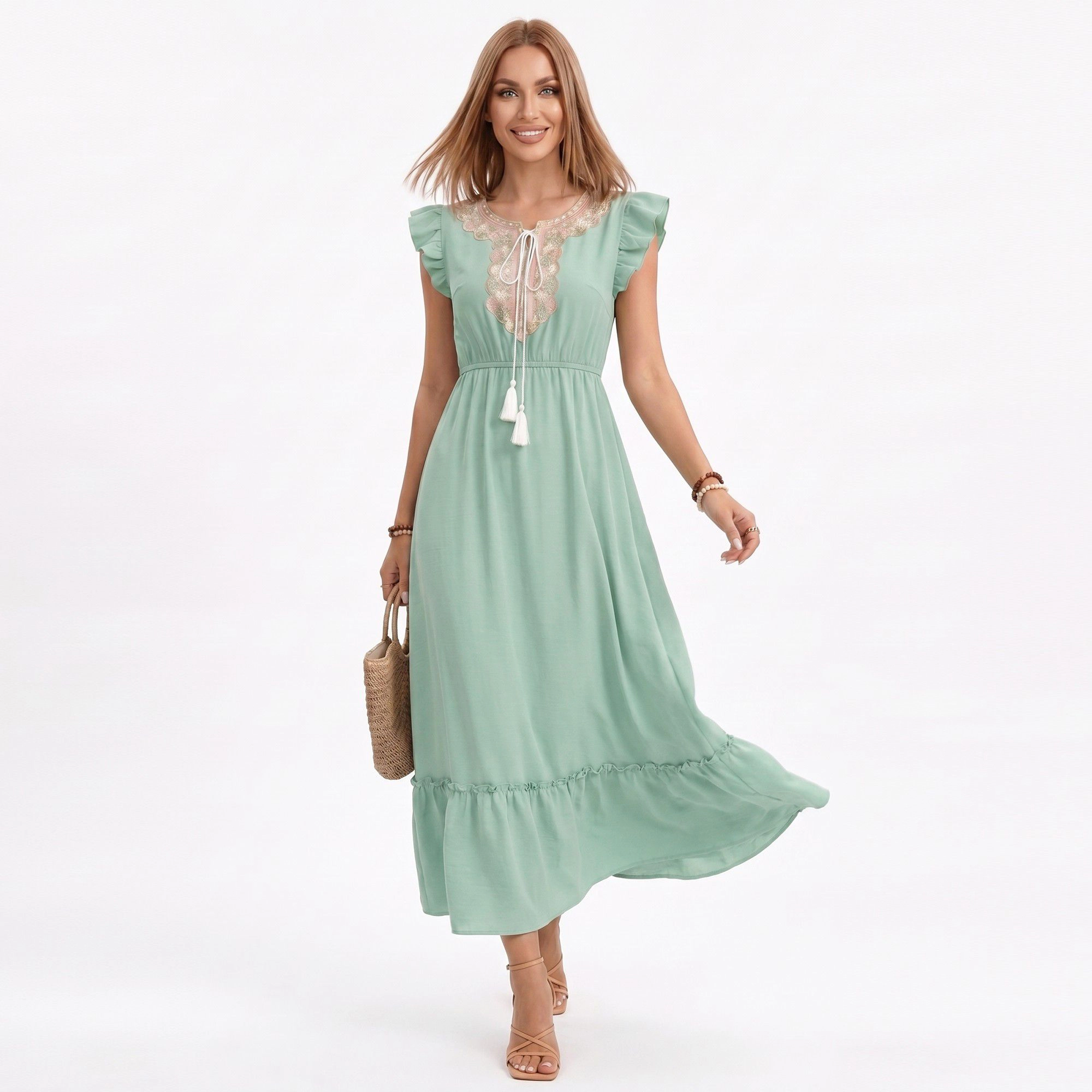 Anna-Kaci Women's Ruffle Sleeve Tie Neck Embroidered Trim Maxi Dress