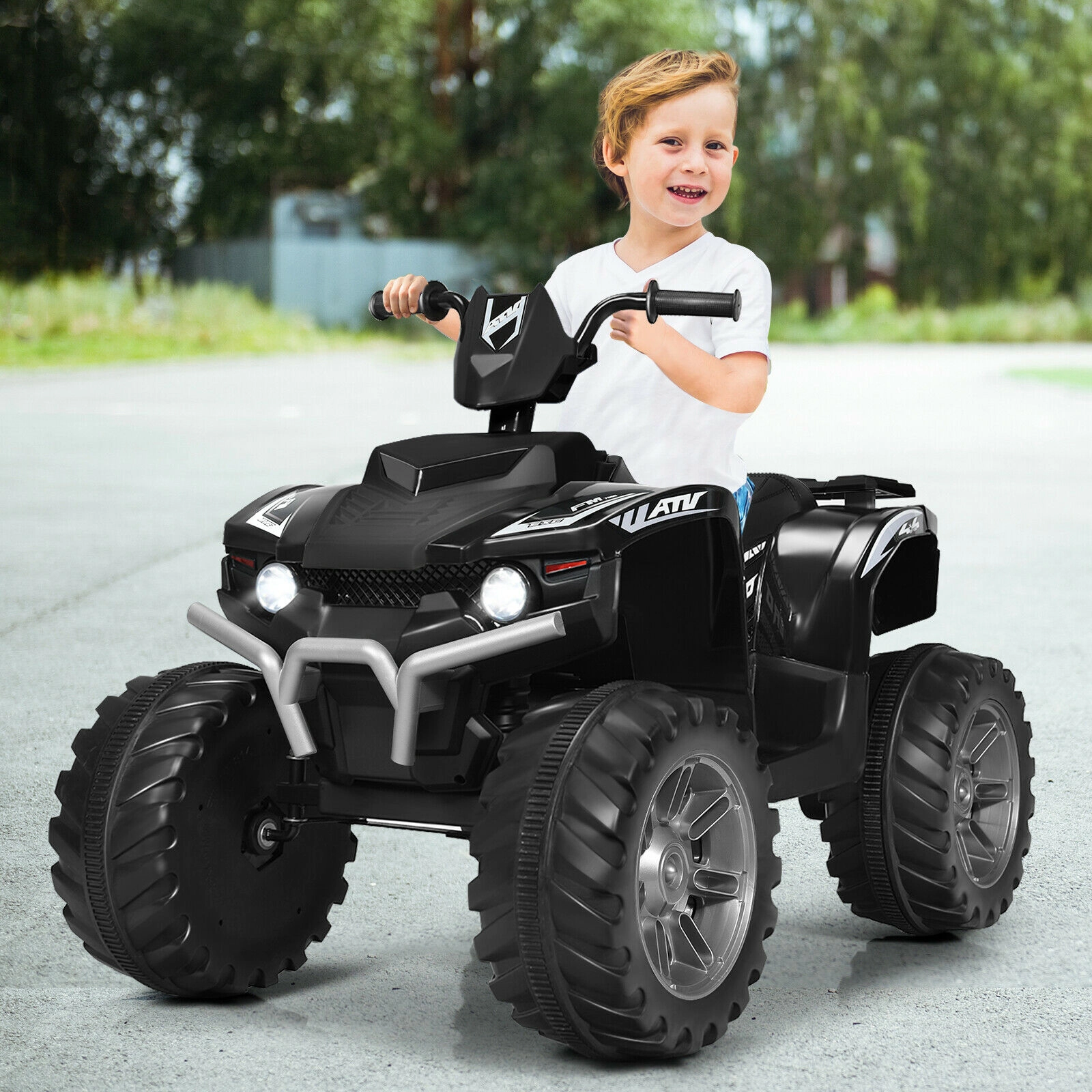 12V Kids ATV 4-Wheeler Ride On with LED Headlights and High Low Speeds 42-in Quad Toy Ages 3-7 77-lb Capacity Black